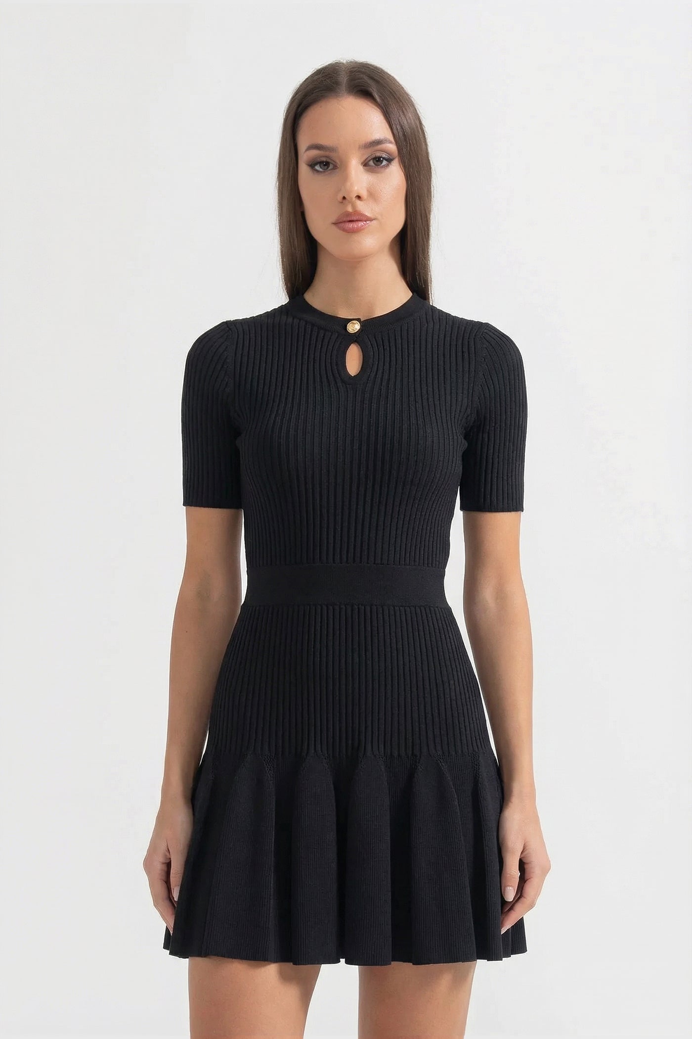 Ribbed Knit Mini Dress With Gold Button Keyhole Neckline - Black