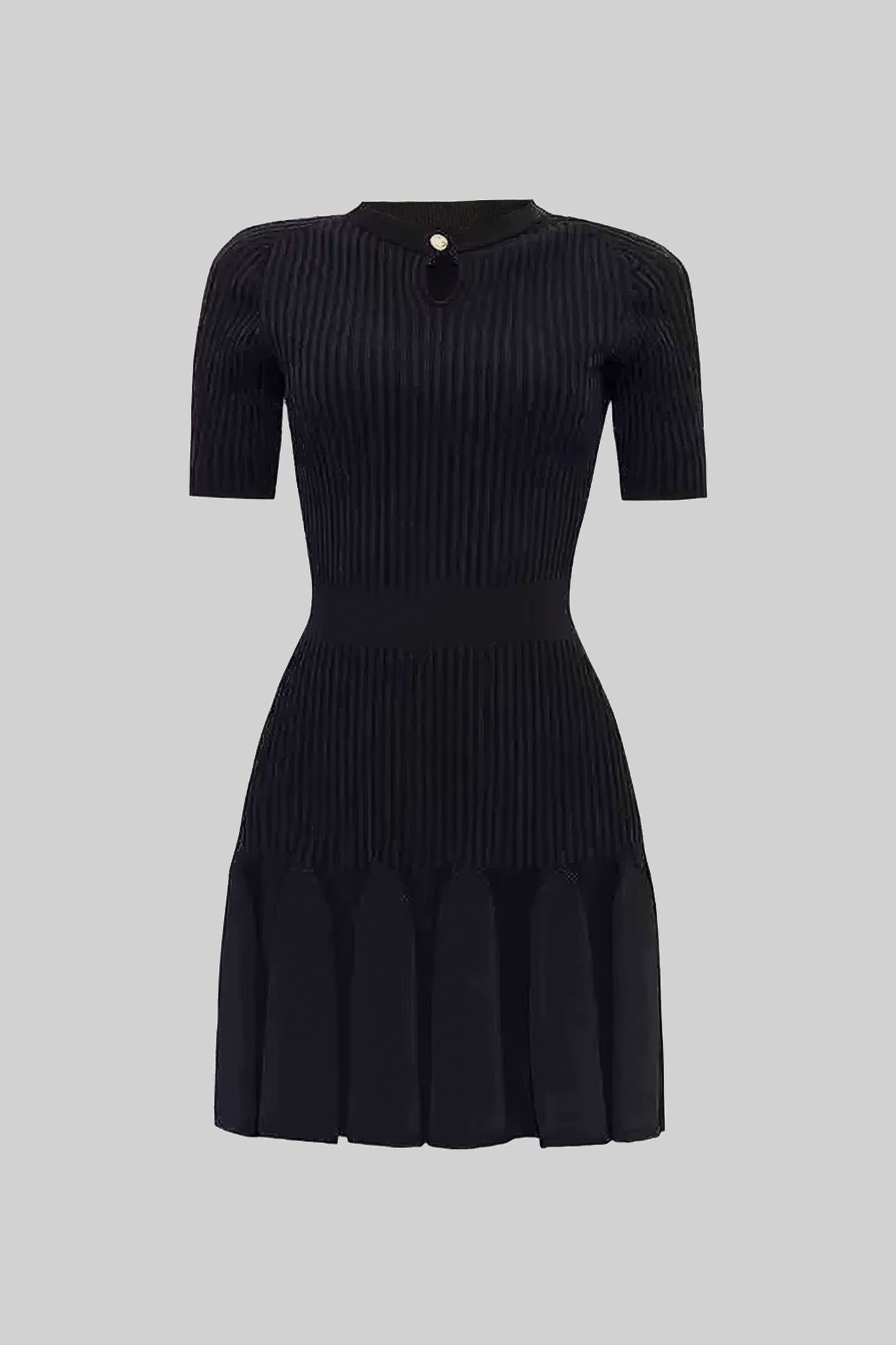 Ribbed Knit Mini Dress With Gold Button Keyhole Neckline - Black