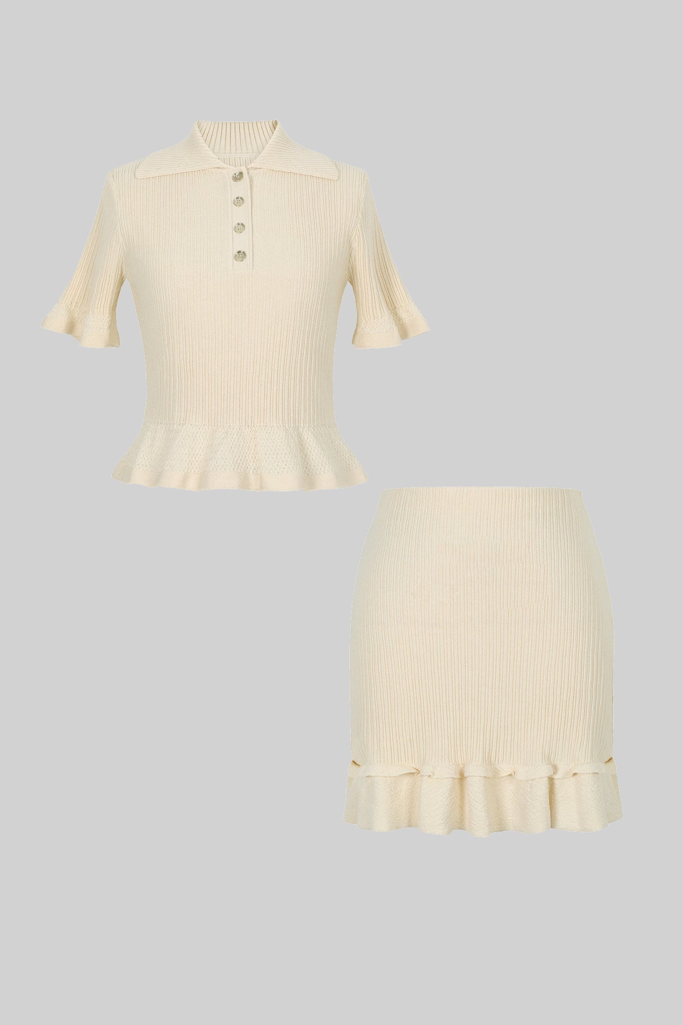 طقم بولو منسوج مضلع مع حافة مكشكشة - بيج