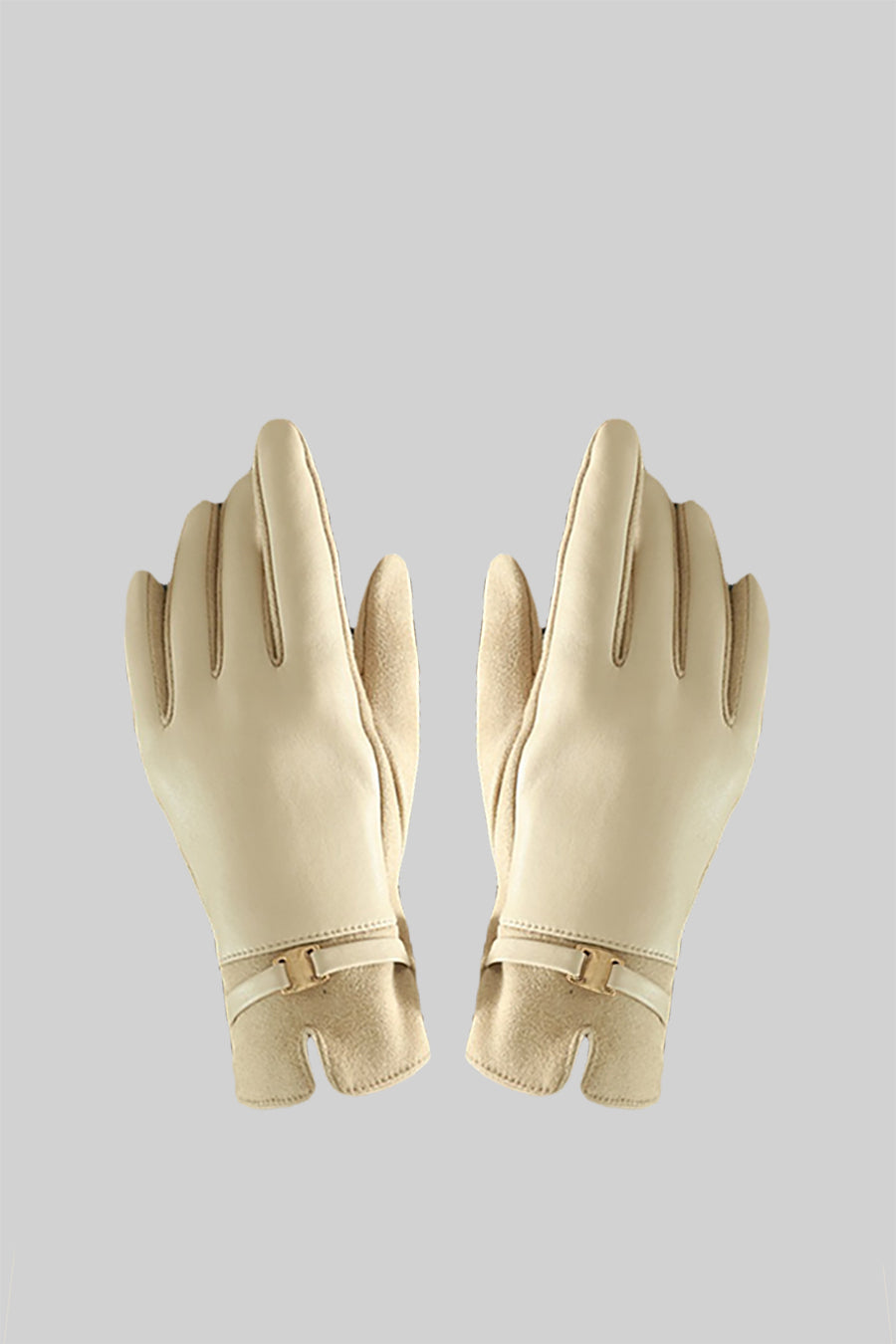 Vegan Leather And Suede Gloves With Gold Buckle Detail - Beige