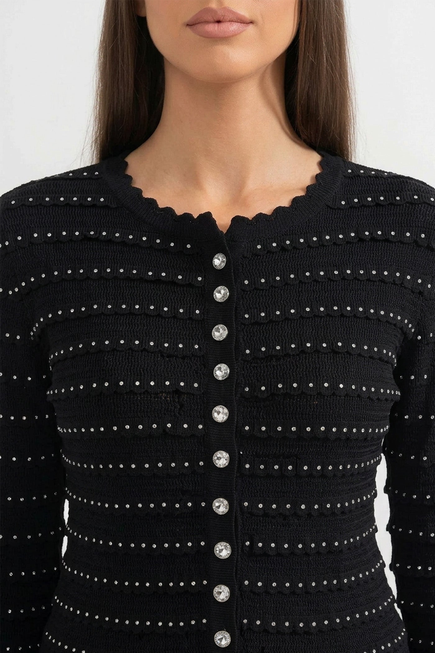 طقم منسوج متناسق مع نسيج مخطط بنمط بوينتيل وتطريزات متلألئة - أسود