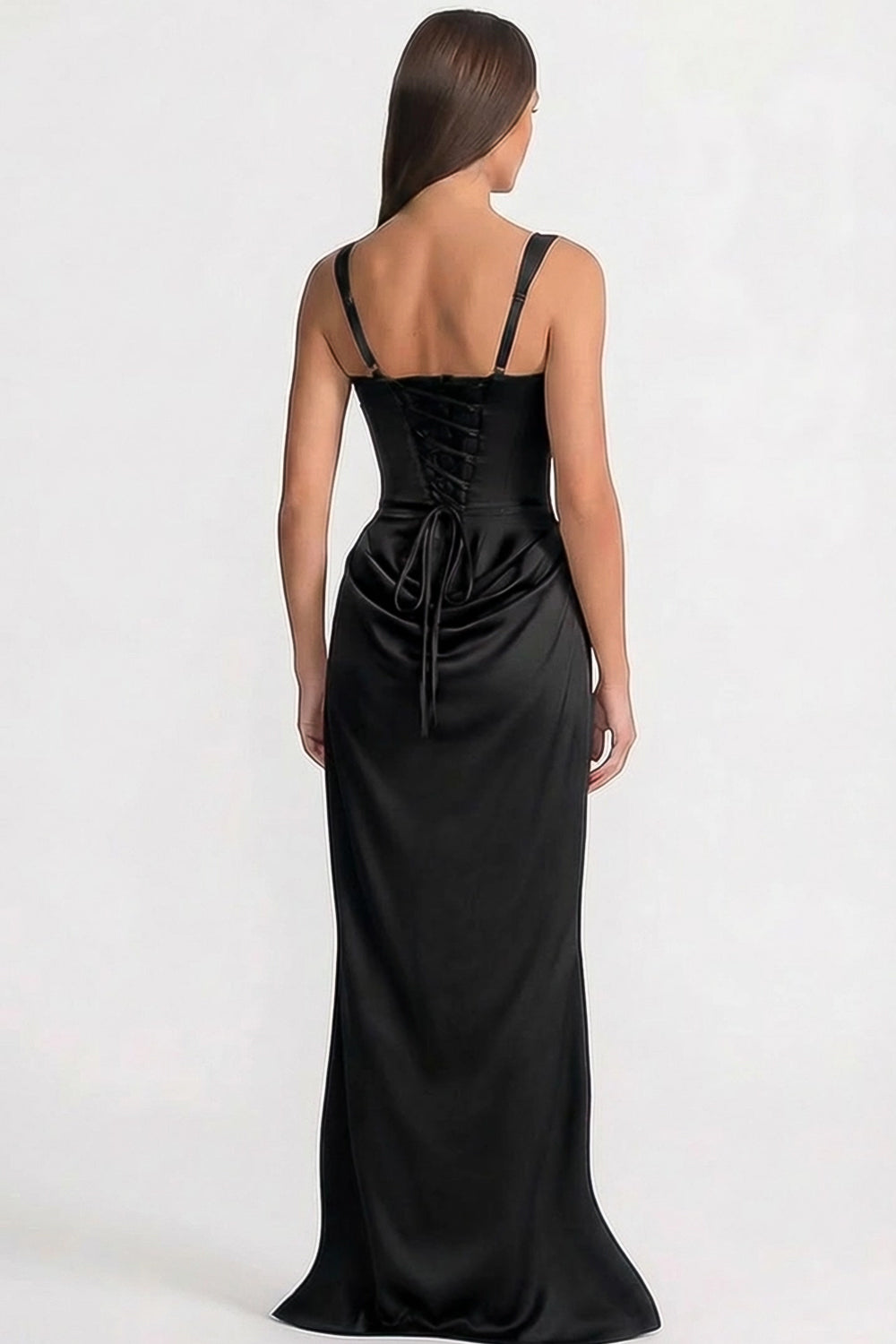 فستان ماكسي بكورسيه مع تفصيل متموج عند الورك – أسود