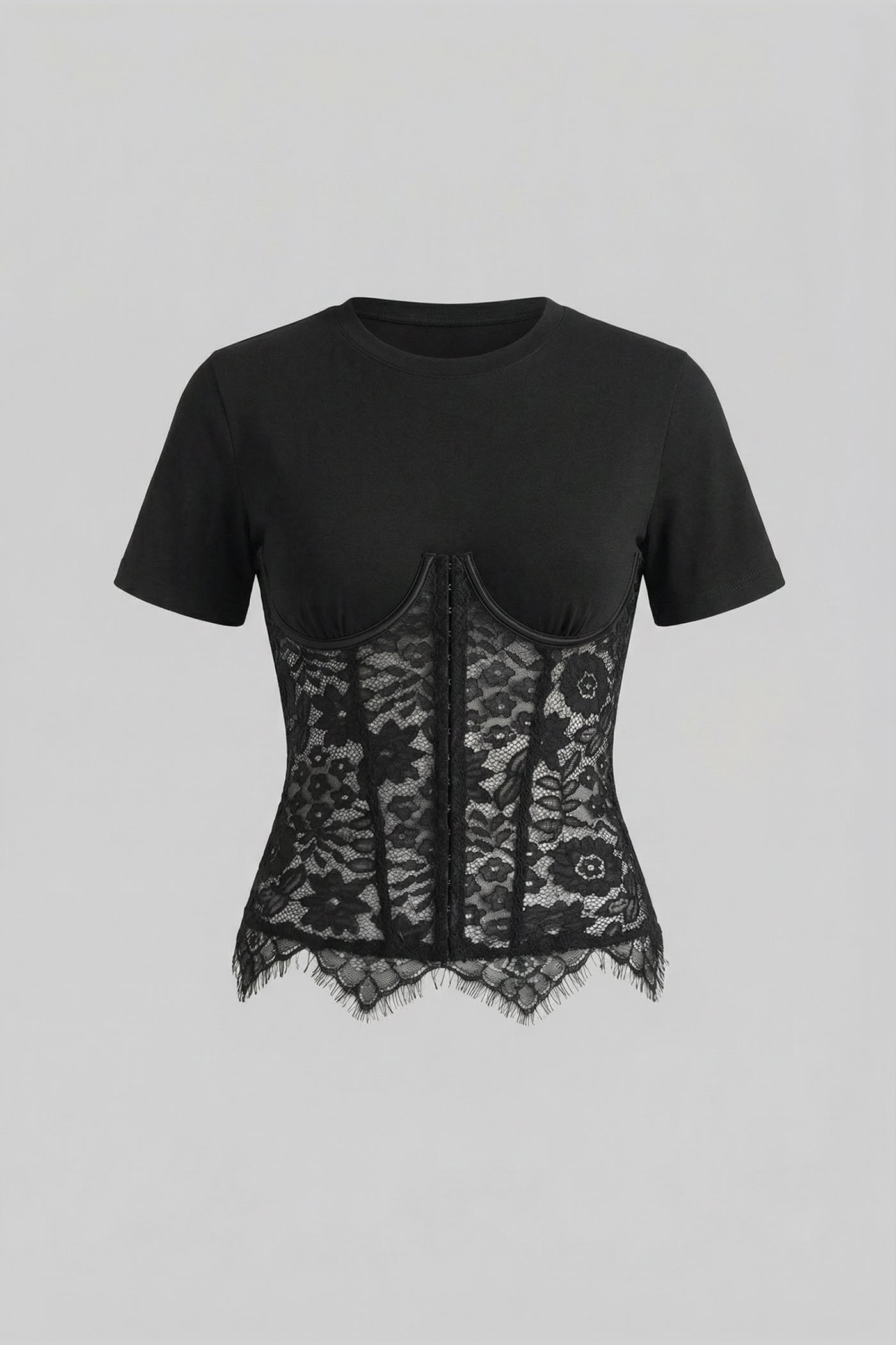Short Sleeve Top With Lace Corset Overlay - Black