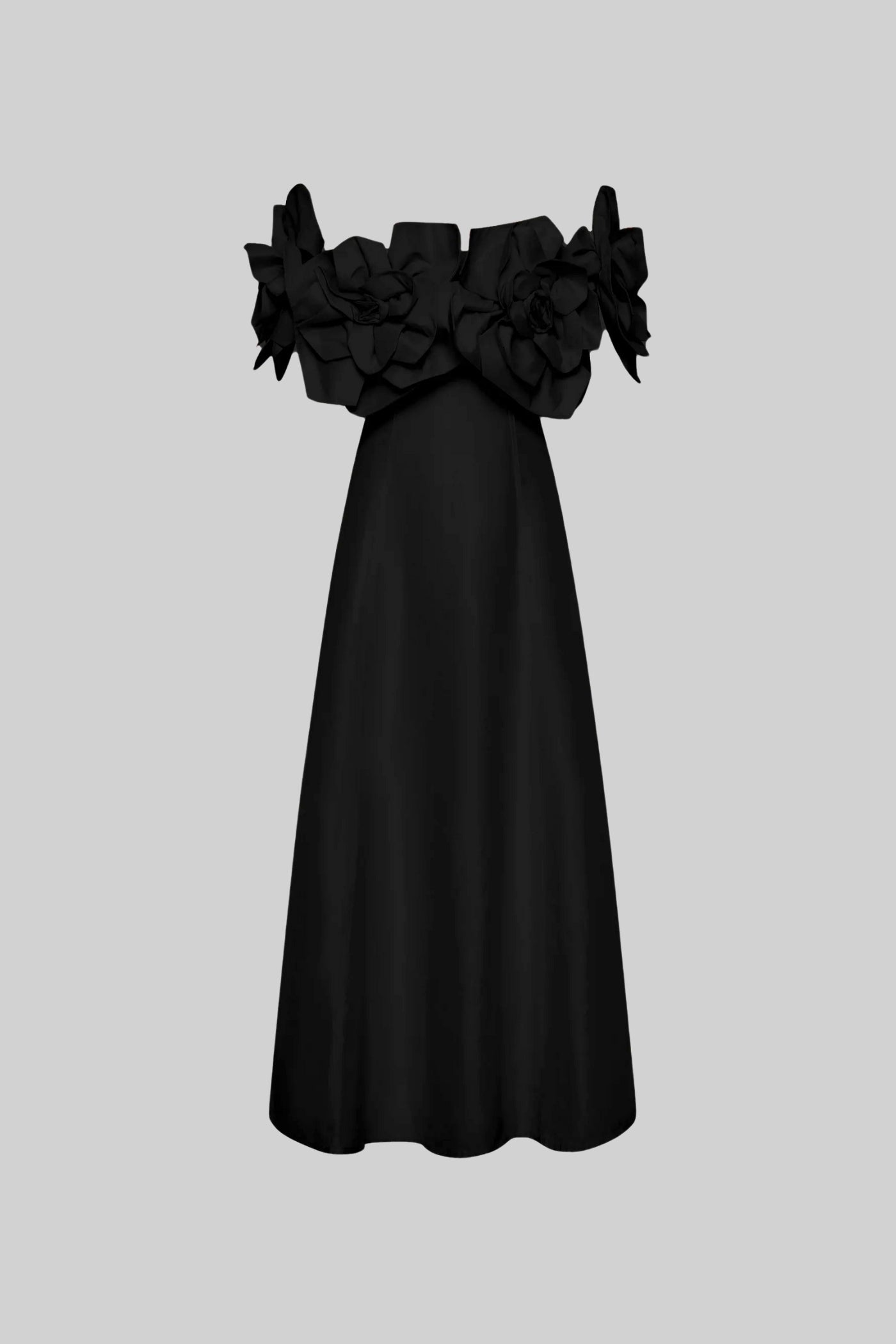 فستان ميدي بأكتاف مكشوفة مع لمسات زهرية كبيرة من القماش - أسود