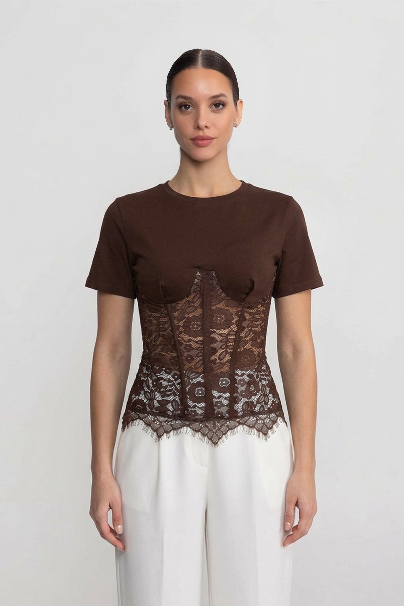 Short Sleeve Top With Lace Corset Overlay - Brown