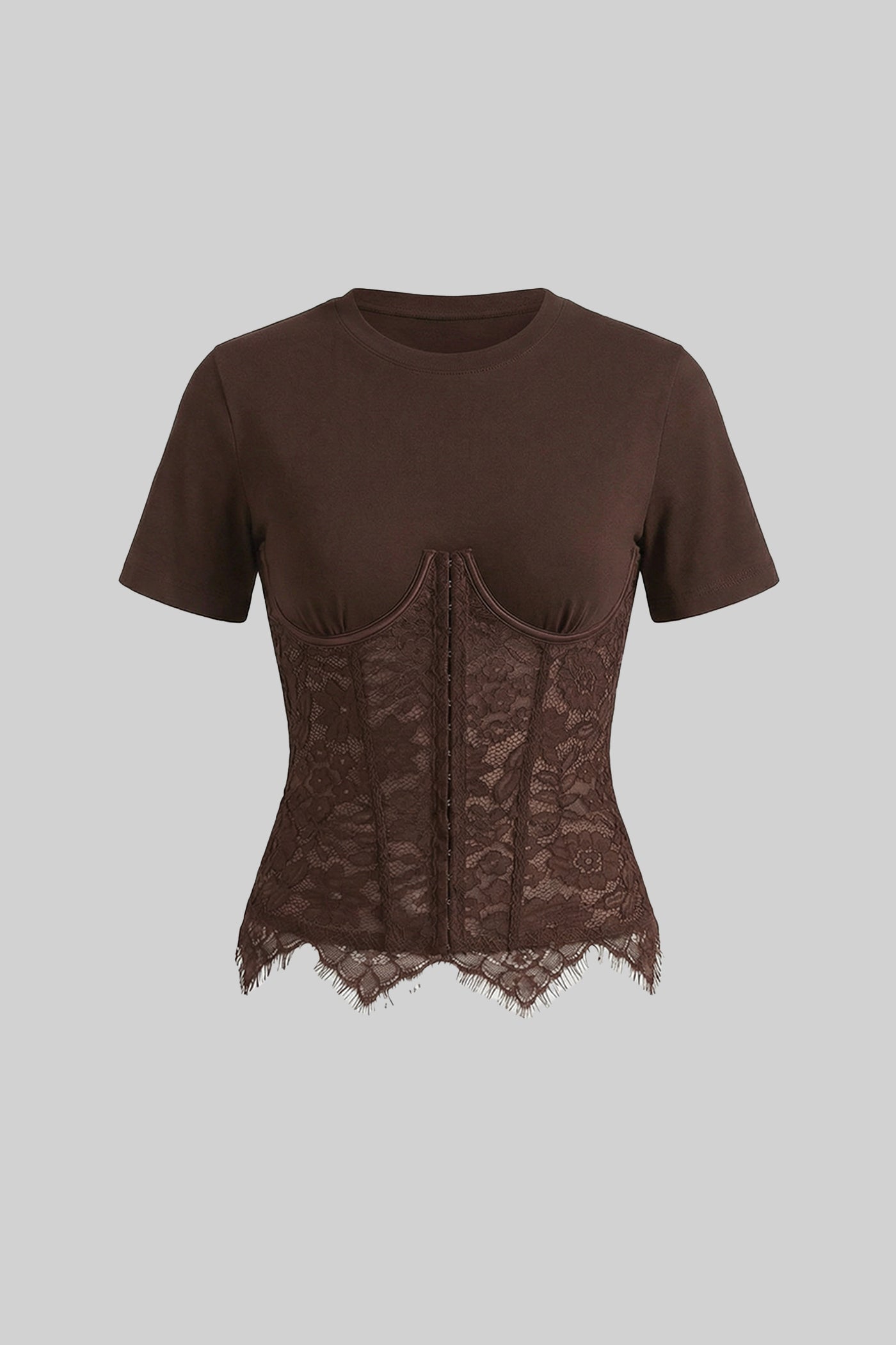 Short Sleeve Top With Lace Corset Overlay - Brown