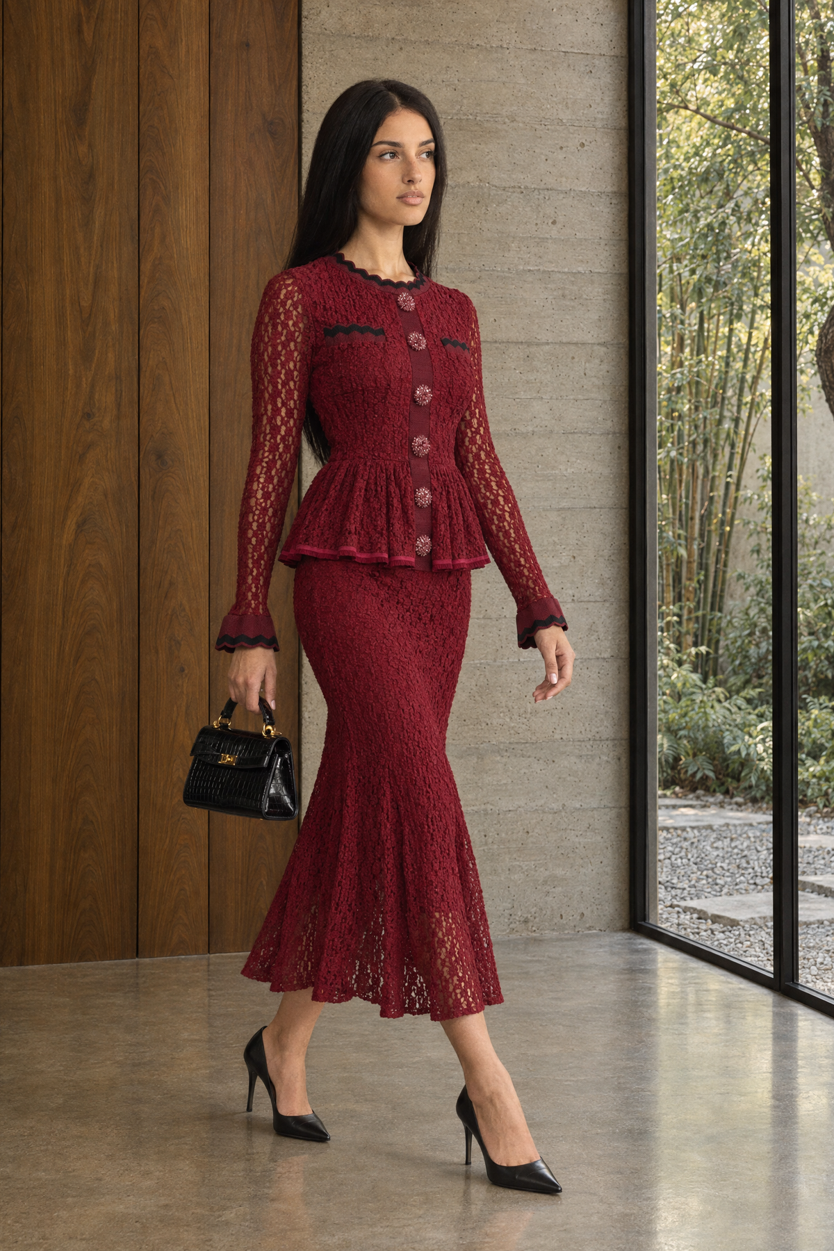 Crochet Knit Peplum Midi Dress with Ric-Rac Trim - Wine