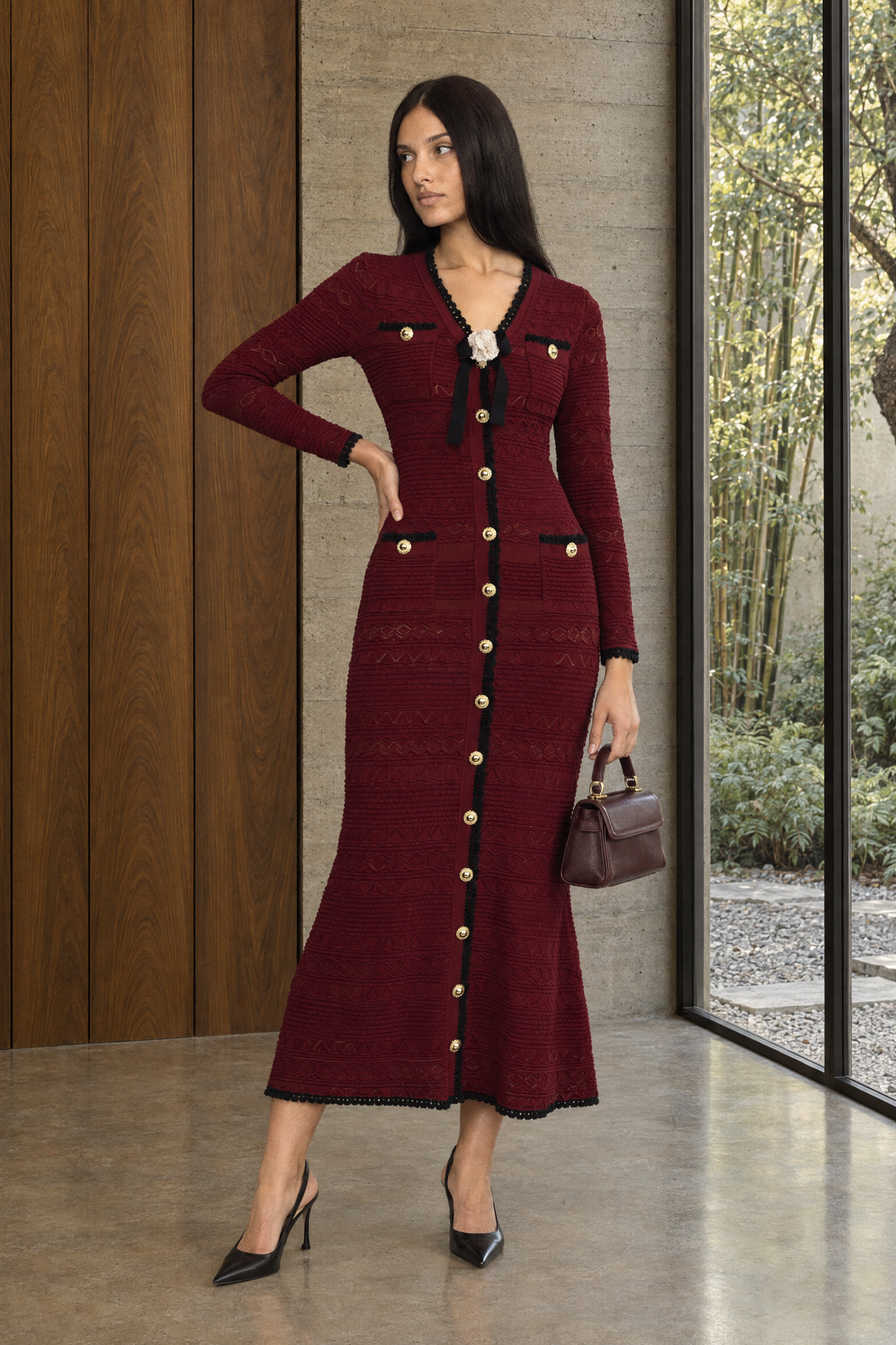 Crochet Trim Knit Button Midi Dress with Flower Brooch - Wine