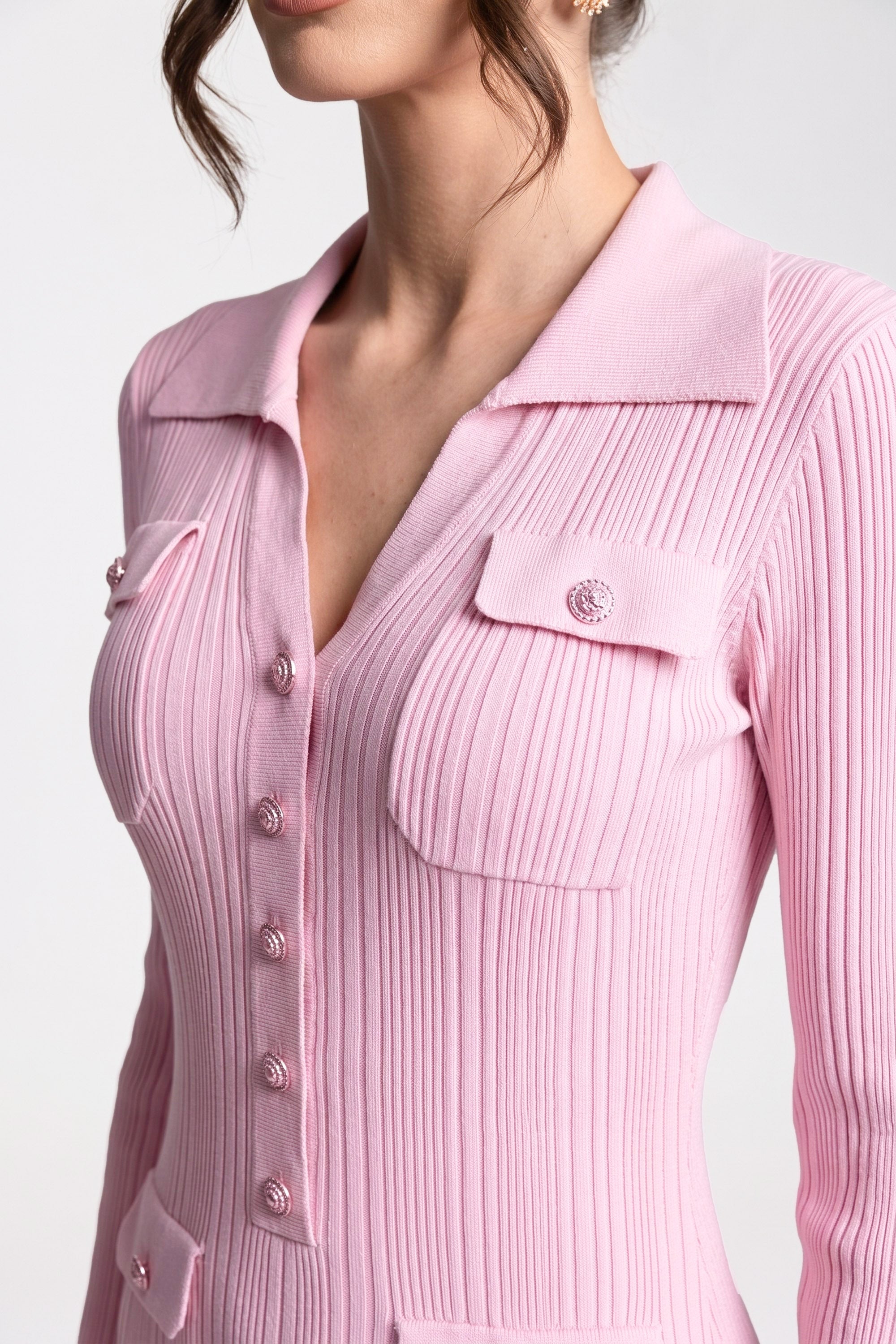 فستان ماكسي محبوك بأكمام طويلة وإغلاق بأزرار أمامي مع جيوب رقعة - Pink