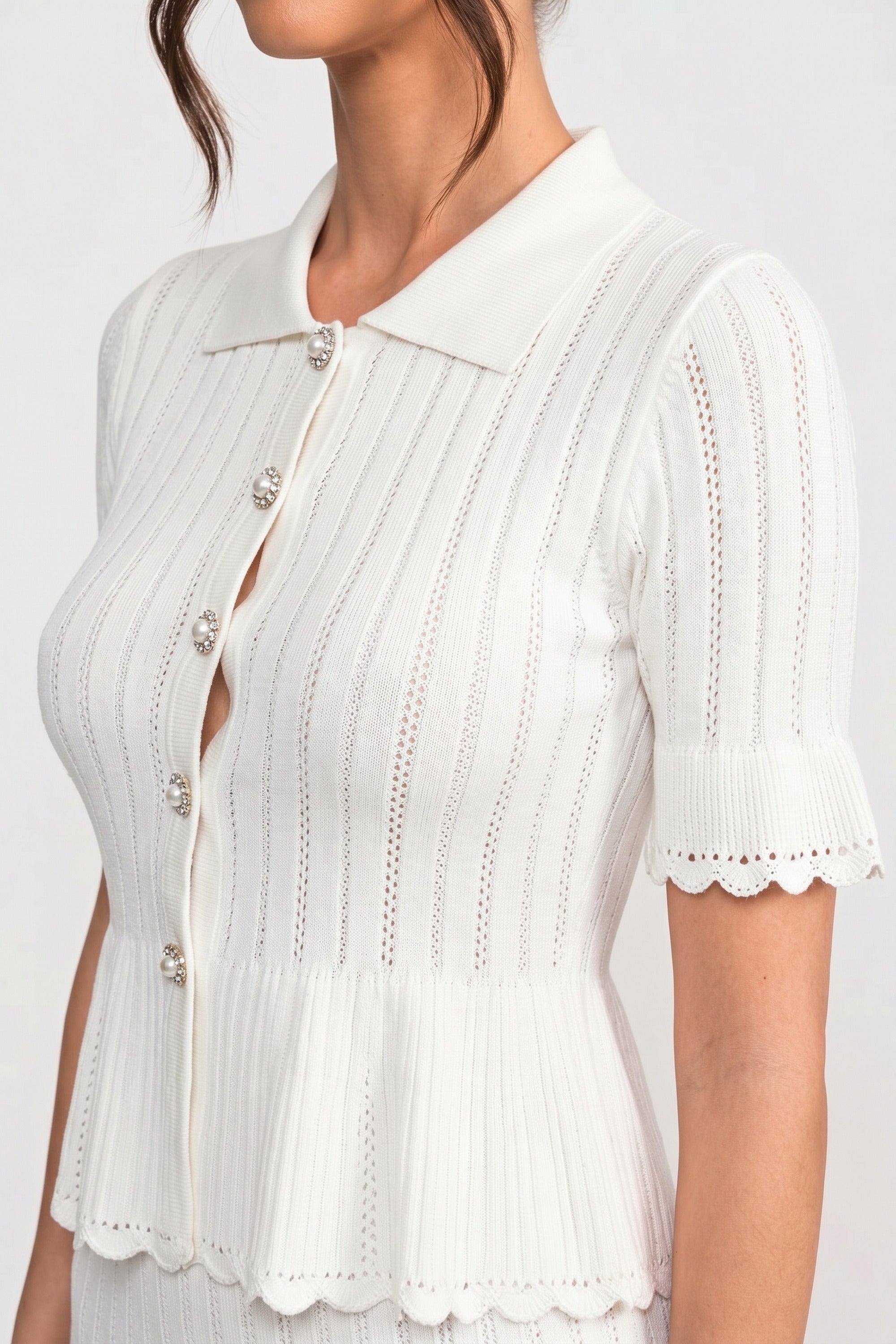 Peter-Pan Collar Knit Peplum Co-Ord set With Lace Hem - White