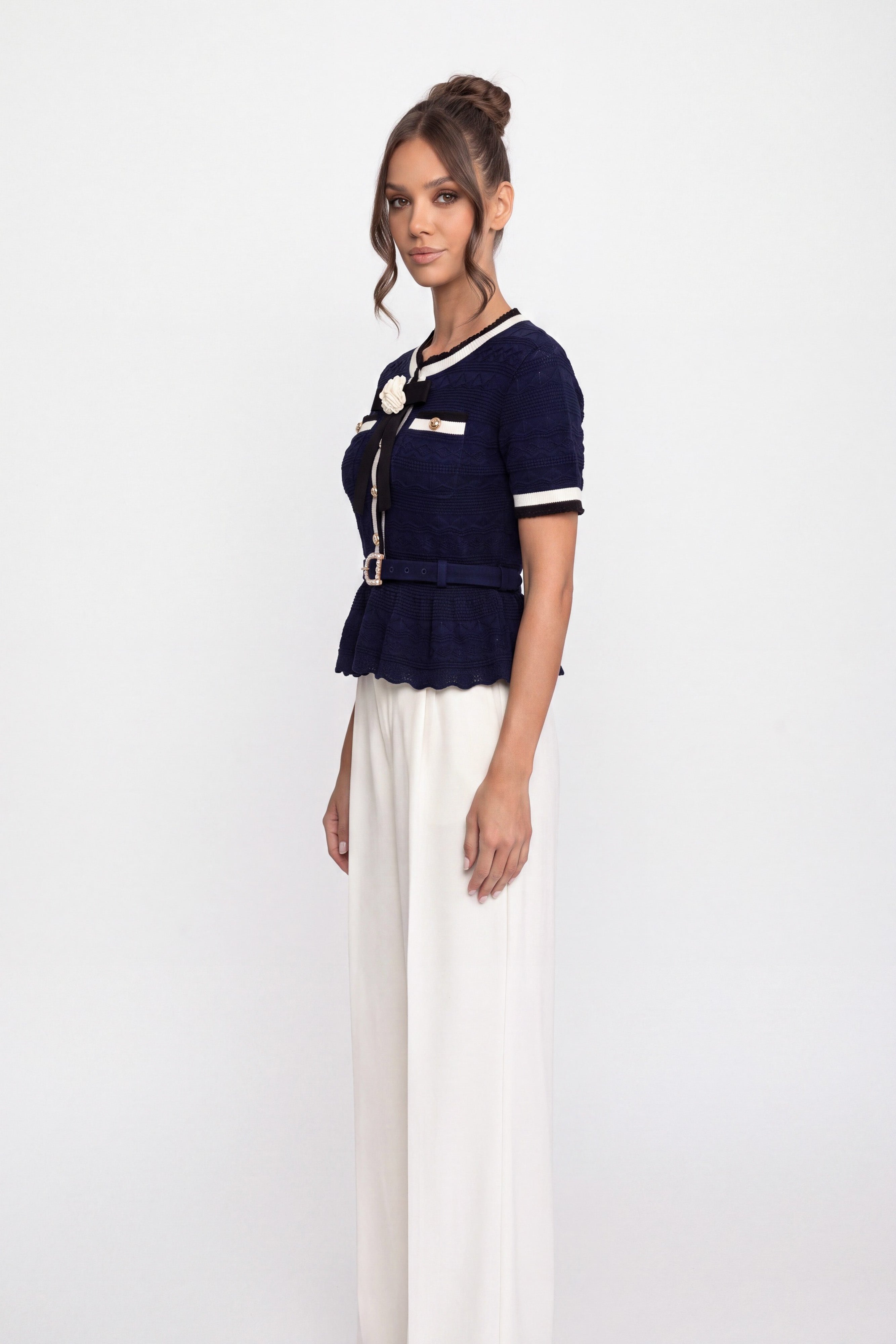 Peplum Knit Top With Contrast Sailor Collar And Pearl Buttons - Navy