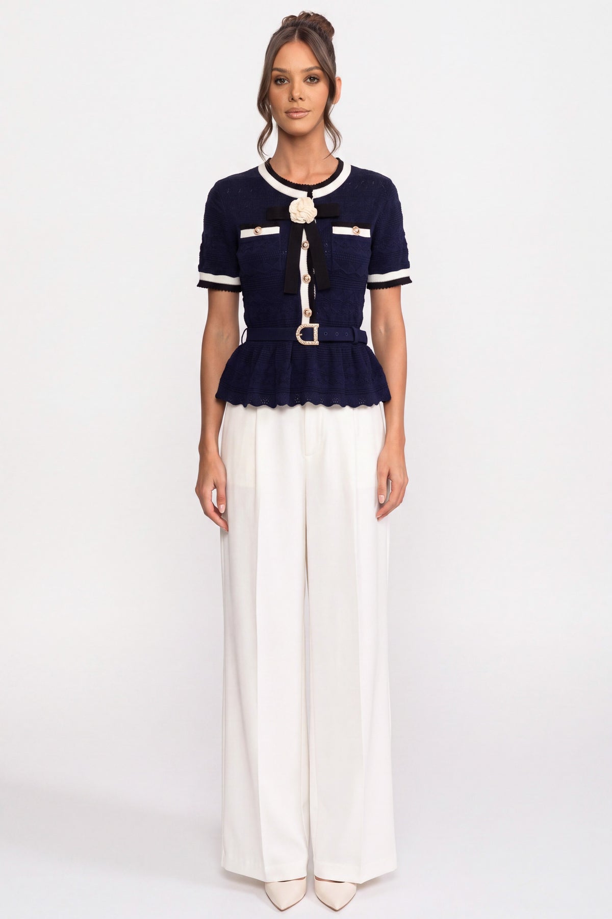 Peplum Knit Top With Contrast Sailor Collar And Pearl Buttons - Navy