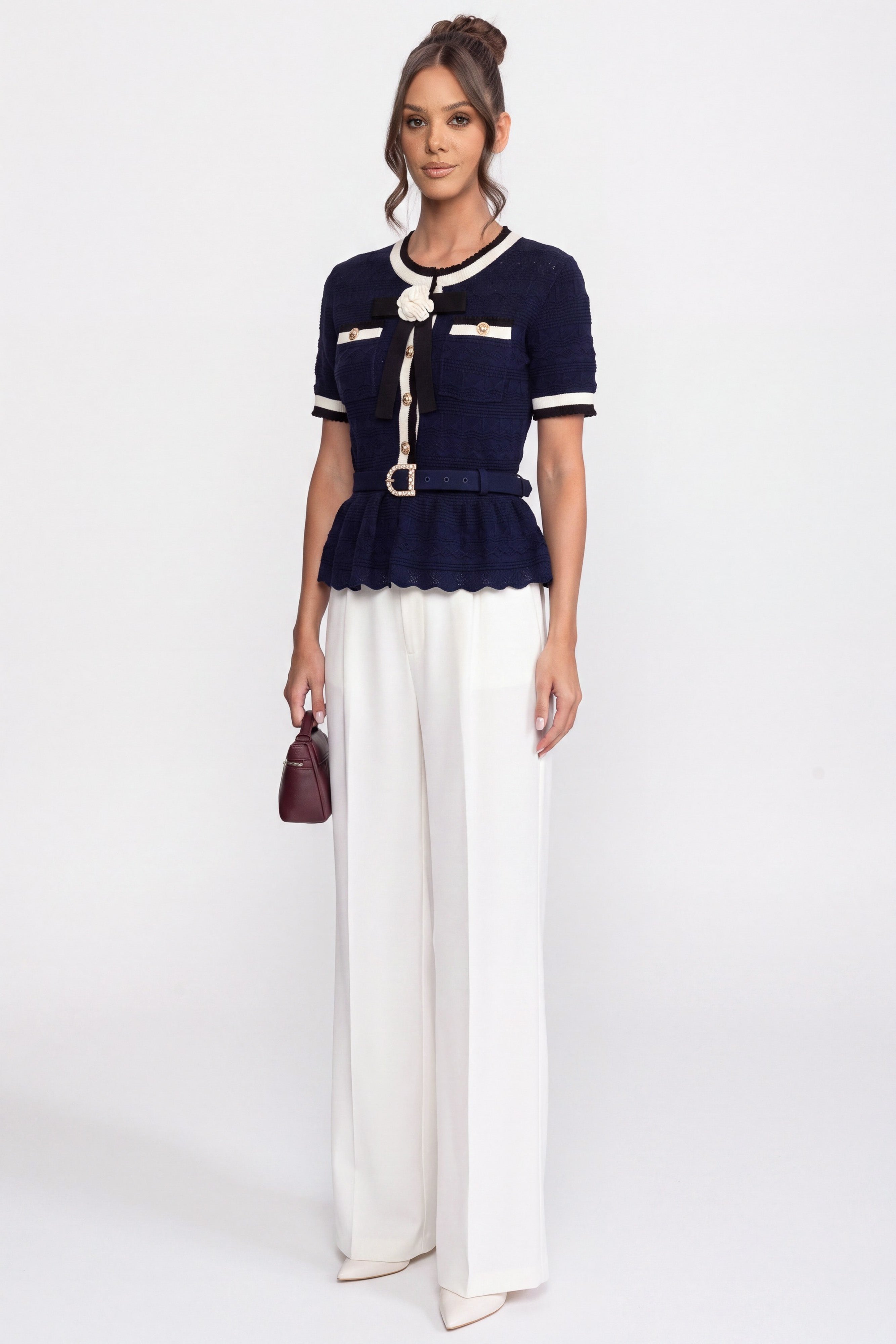Peplum Knit Top With Contrast Sailor Collar And Pearl Buttons - Navy