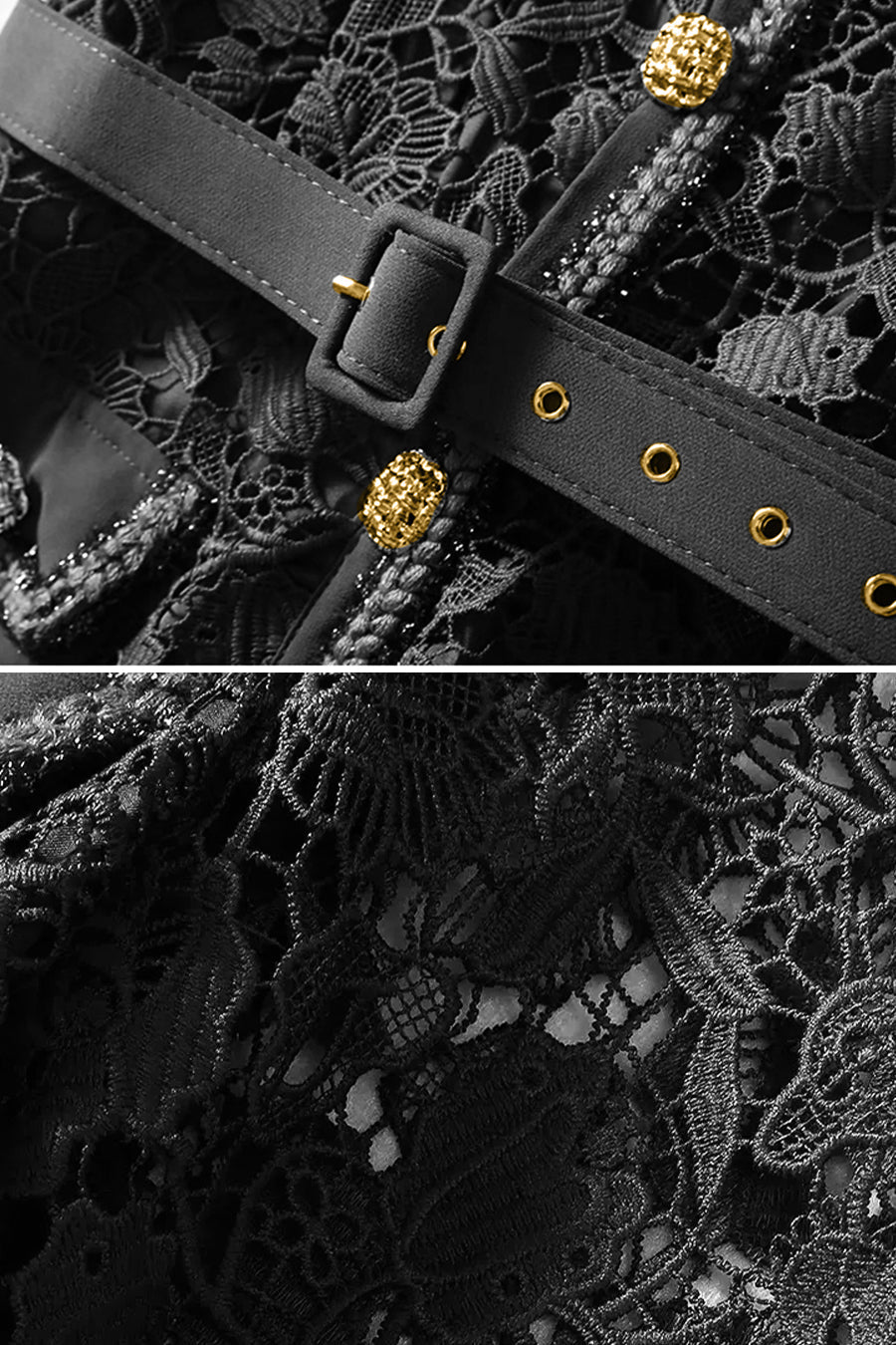 فستان أنيق بأكمام قصيرة مع قمة من الدانتيل وتنورة واسعة - باللون الأسود