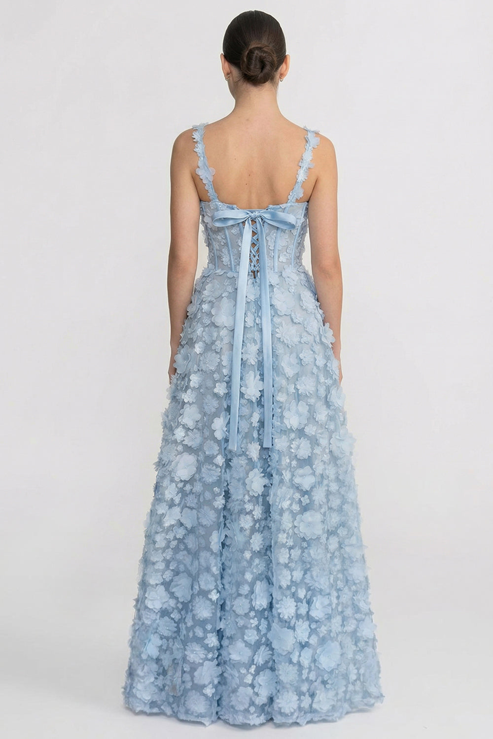 Floral Appliqué Maxi Dress With Corset Bodice - Blue