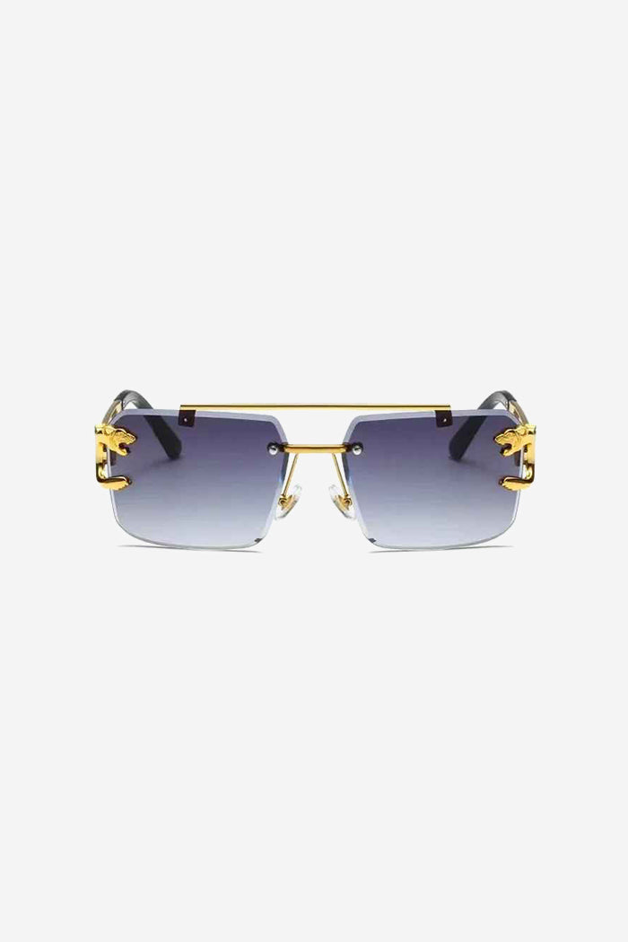 Rimless Square Sunglasses with Gold Panther Detail and Double-Bar Temples – Purple