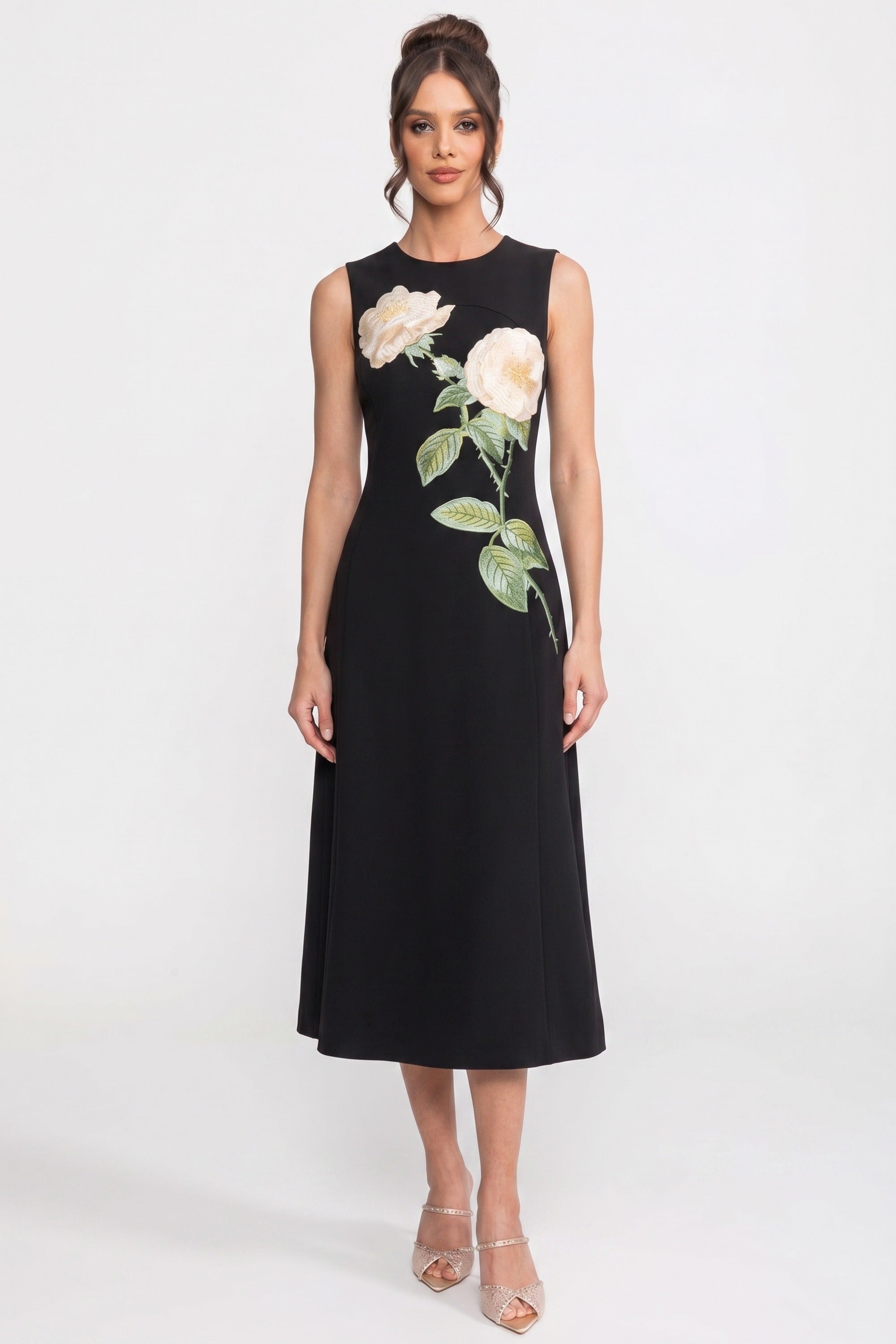 Sleeveless Midi Dress With 3D Floral Appliqué And Full Skirt - Black