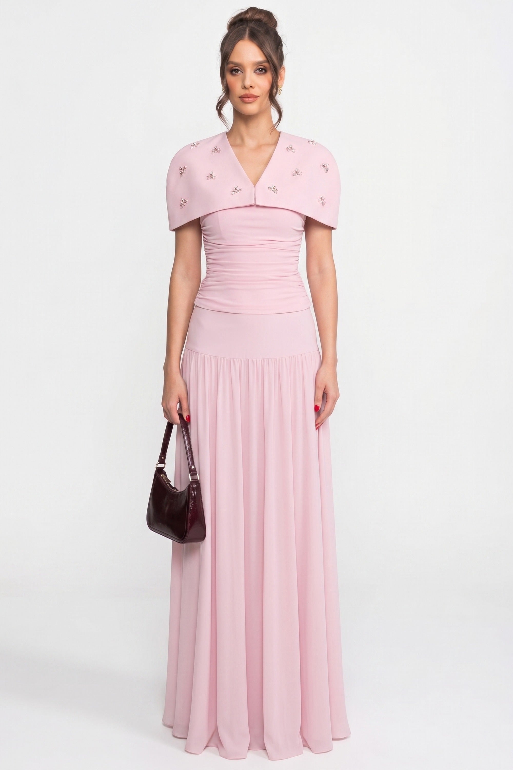 3-Piece Co-Ord Set With Ruched Top, Detachable Cape And Maxi Skirt - Pink