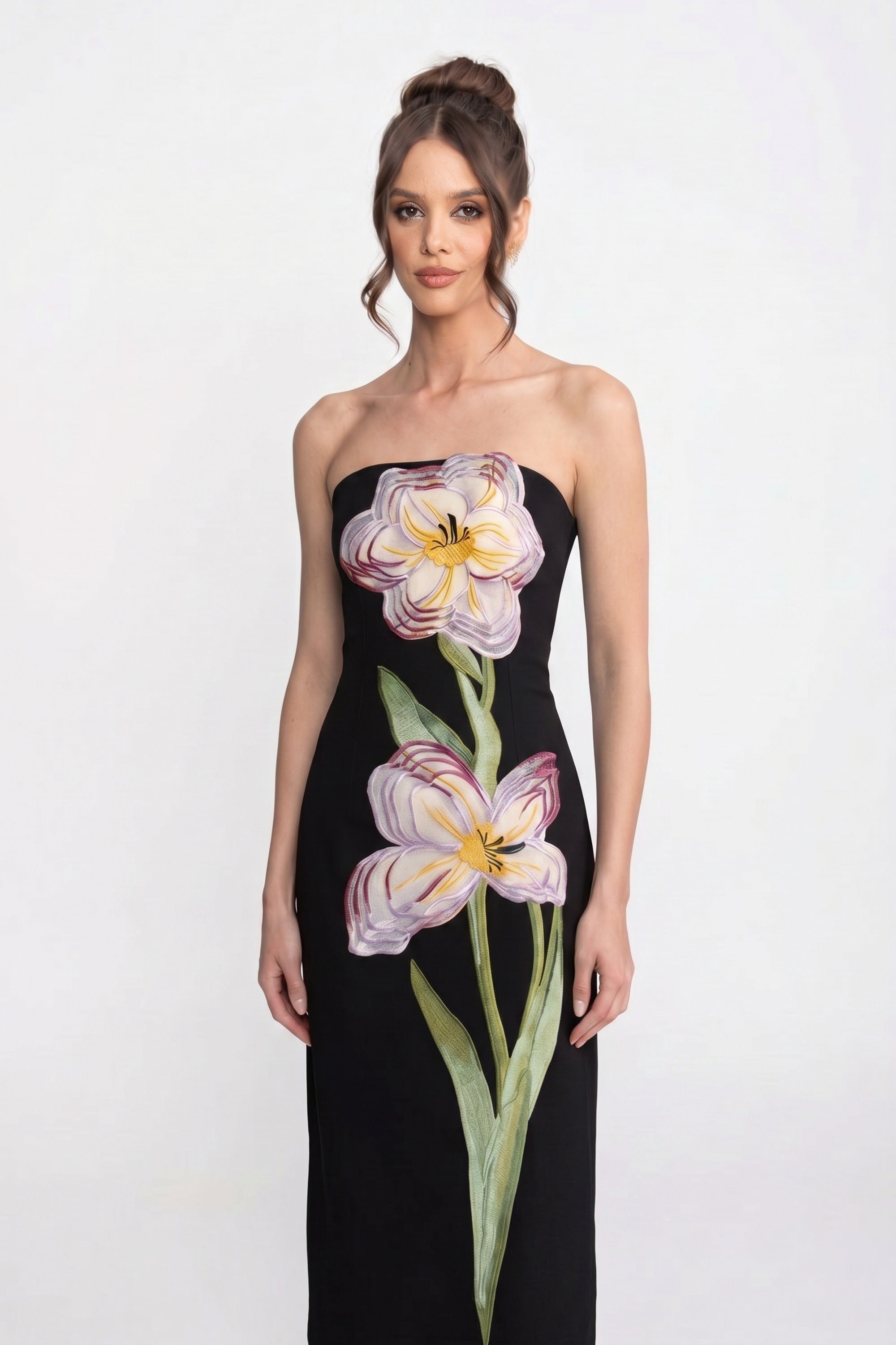 Strapless Floral-Print Maxi Dress With Column Silhouette - Black