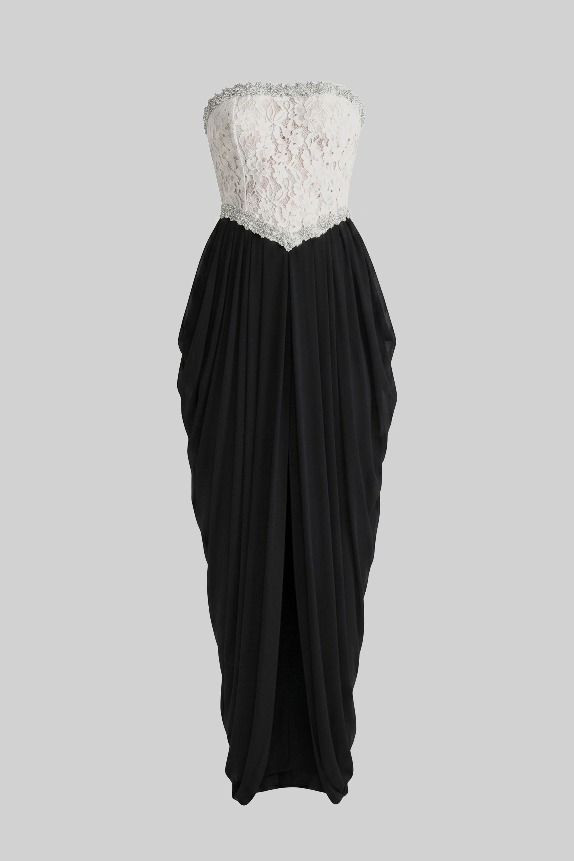 Strapless Gown With 3D Floral Corset Bodice And Draped Black Skirt - White+Black