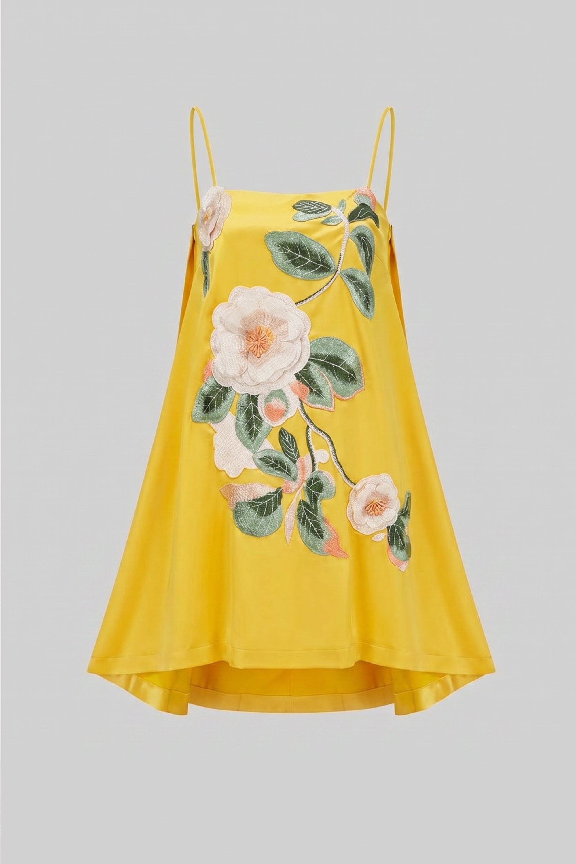 Spaghetti-Strap Mini Dress With 3D Floral Appliqué And A-Line Skirt - Yellow