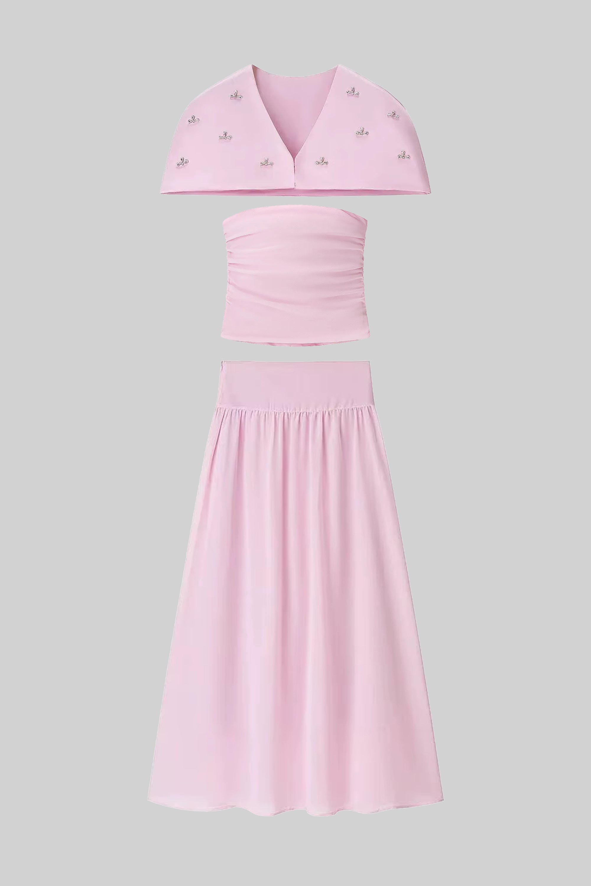 3-Piece Co-Ord Set With Ruched Top, Detachable Cape And Maxi Skirt - Pink