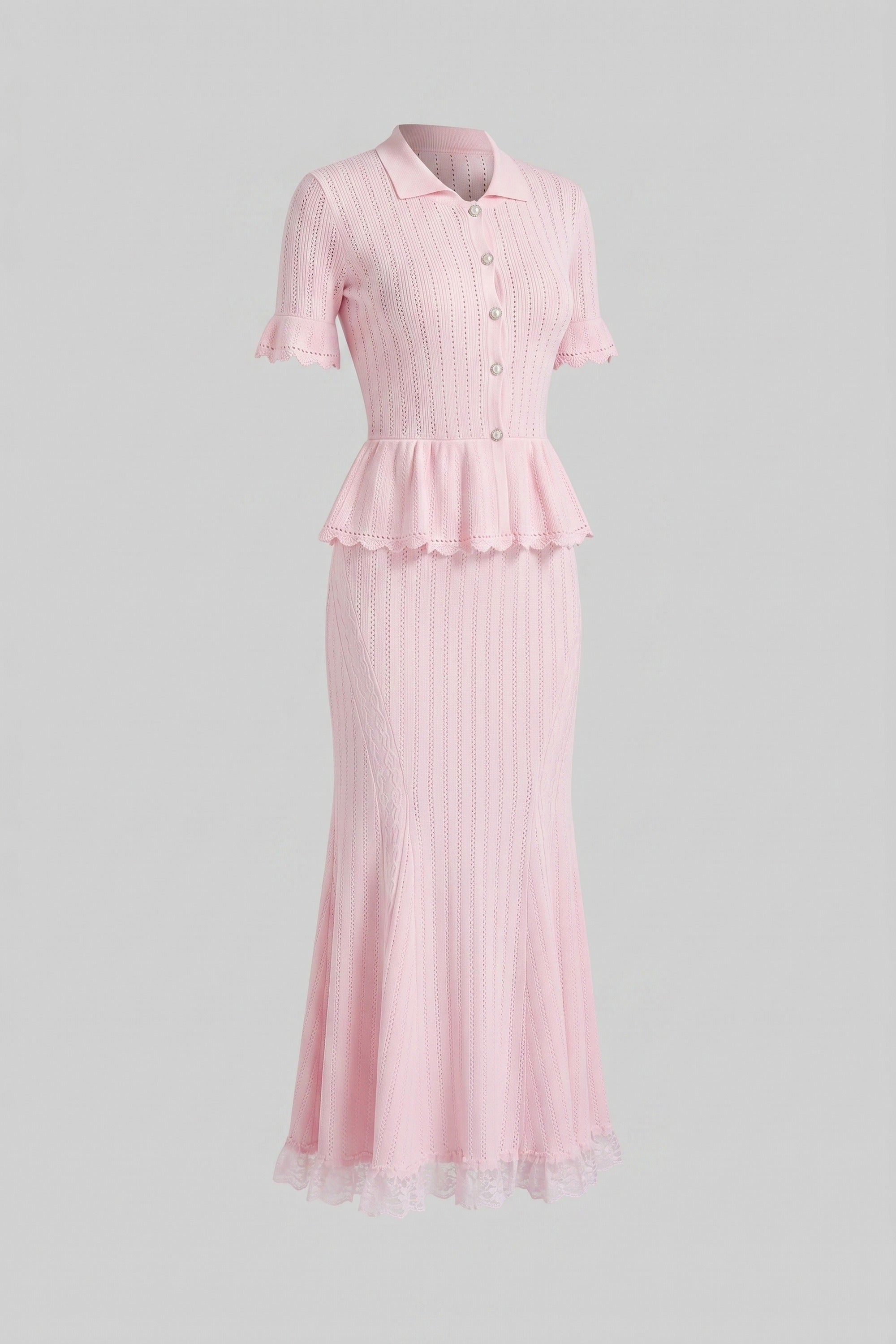 فستان ماكسي محبوك بتصميم Peplum وياقة Peter-Pan وحافة دانتيل - Pink