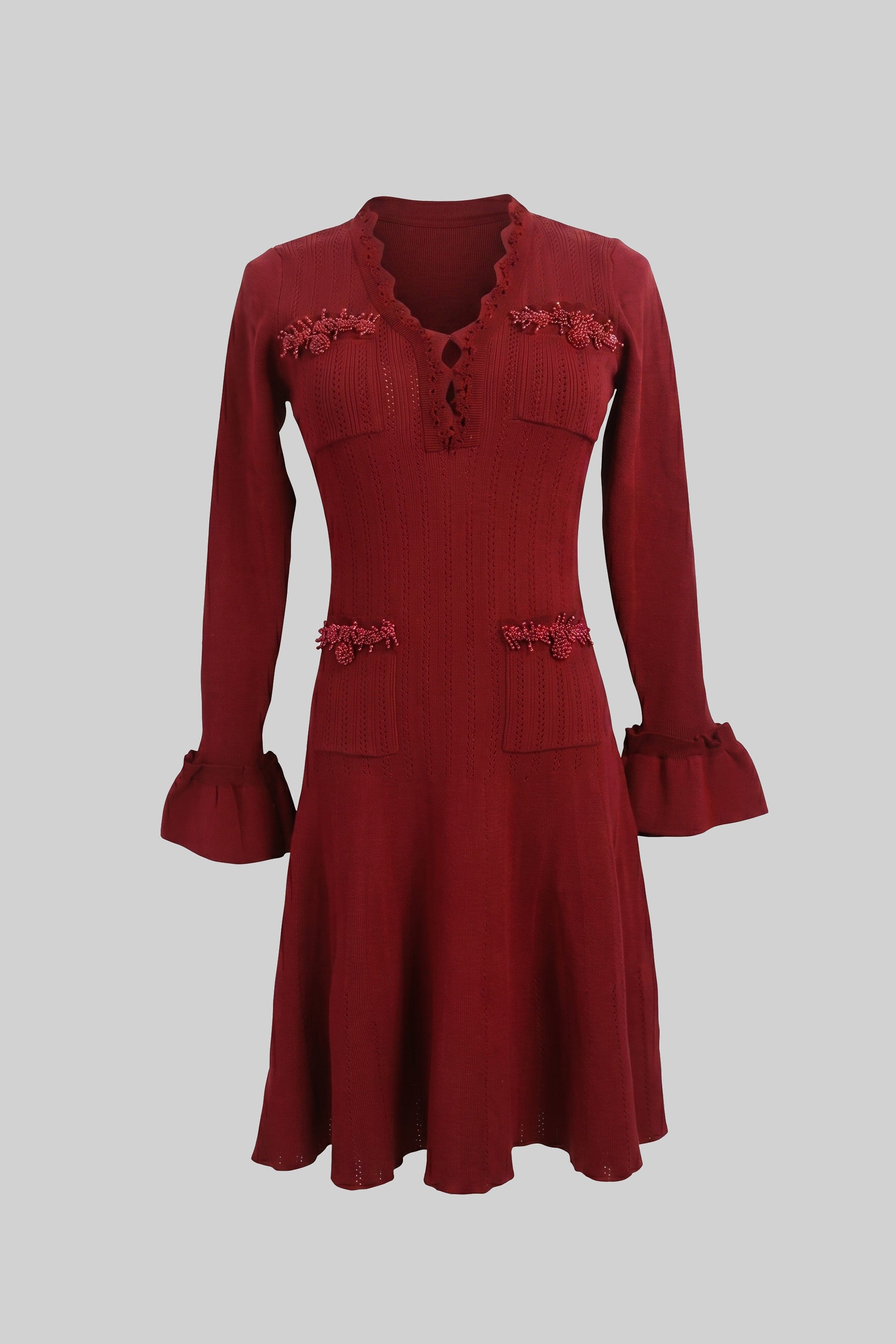 Long-Sleeve V-Neck Knit Mini Dress With Ruffle Hem And Bow Cuffs - Burgundy