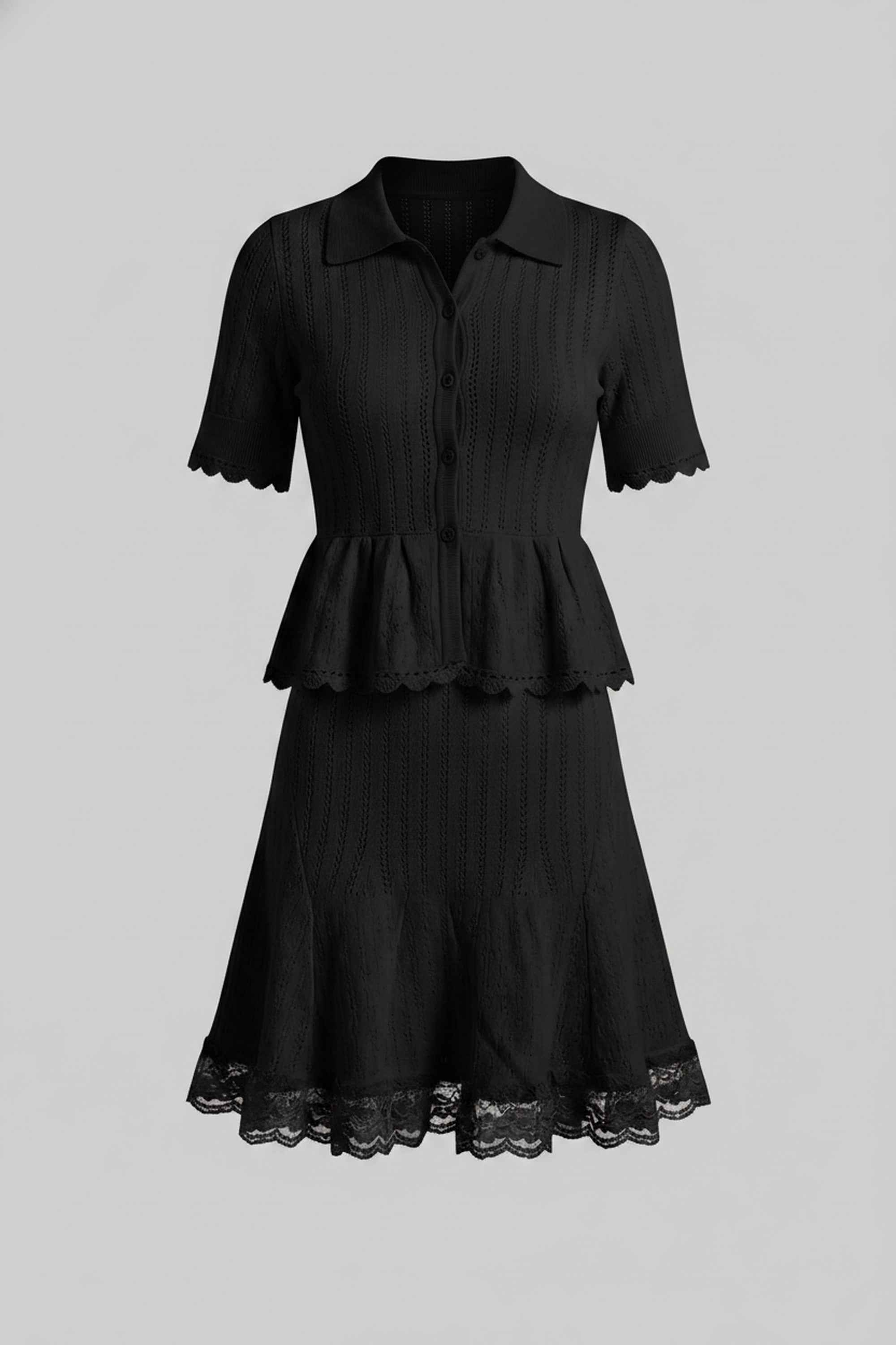 Polo-Collar Mini Dress With Button Top, Peplum Waist And Lace Hem - Black