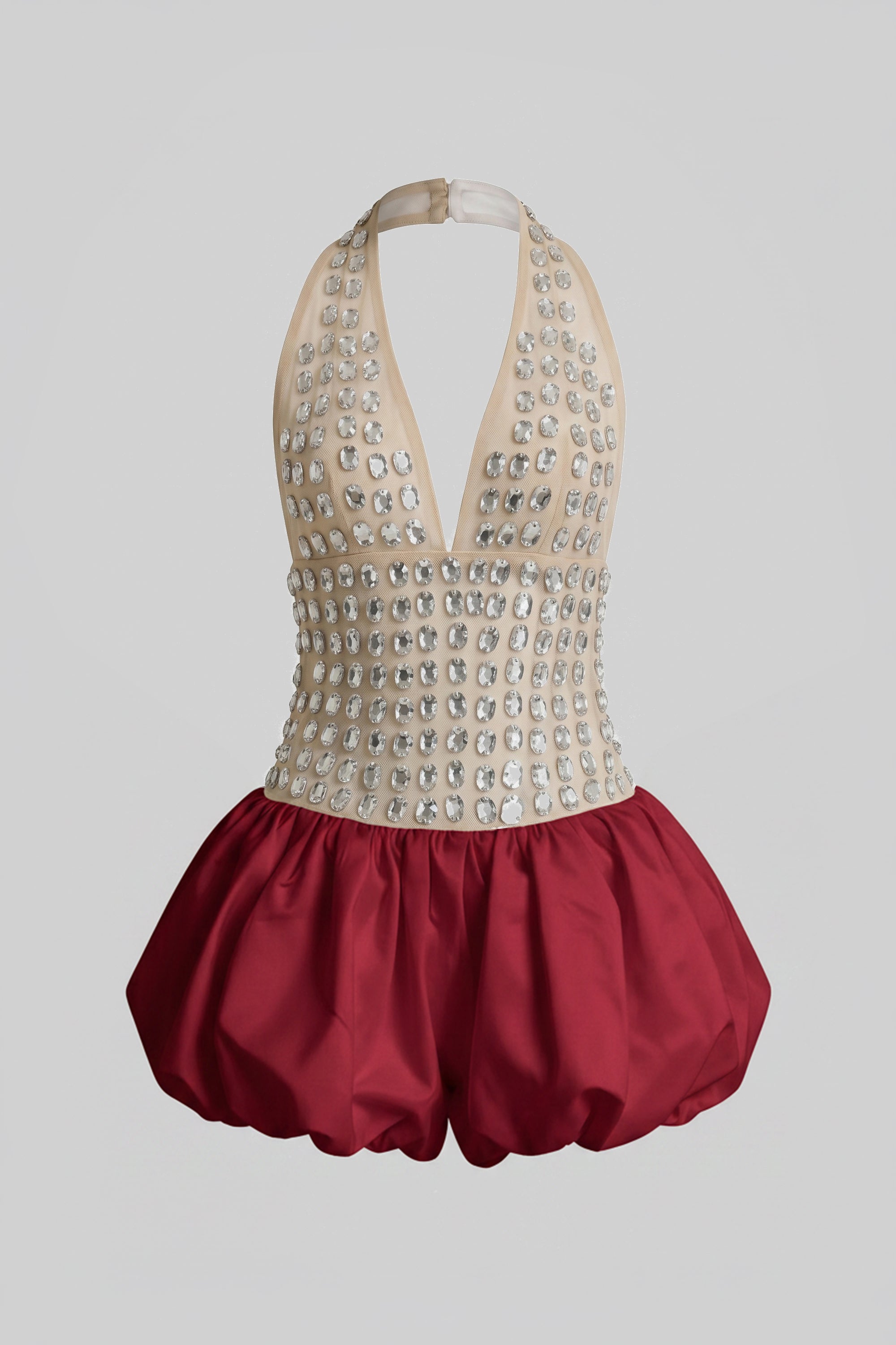 Crystal-Embellished Halter Mini Dress With Bubble Skirt - Red