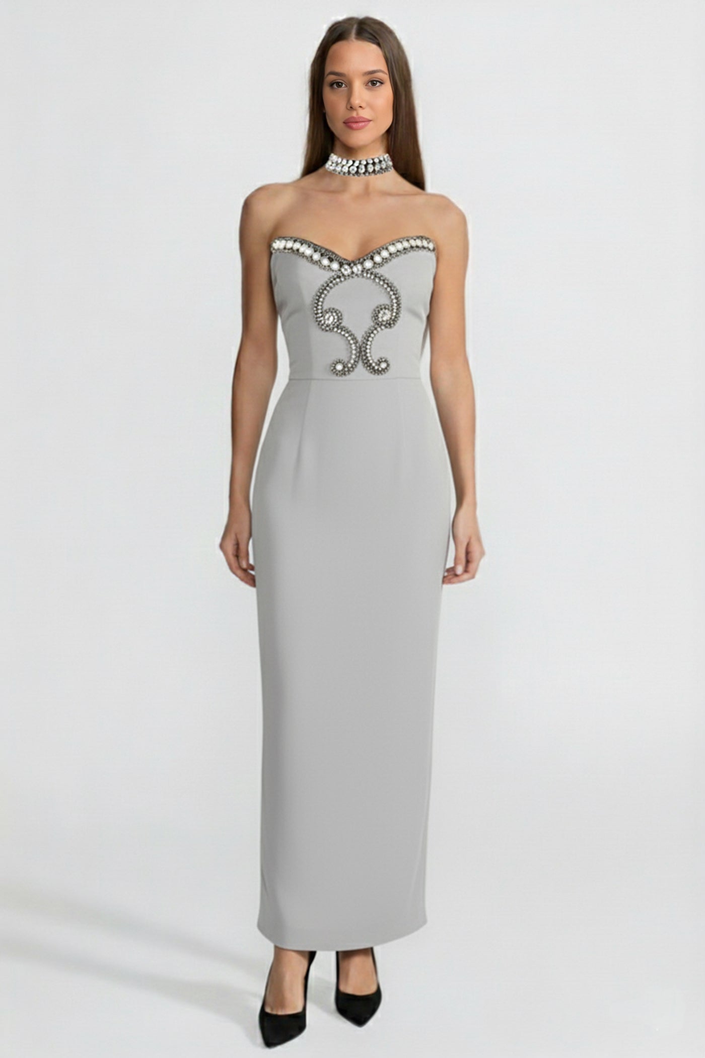 Crystal-Embellished Strapless Gown with Choker – Gray
