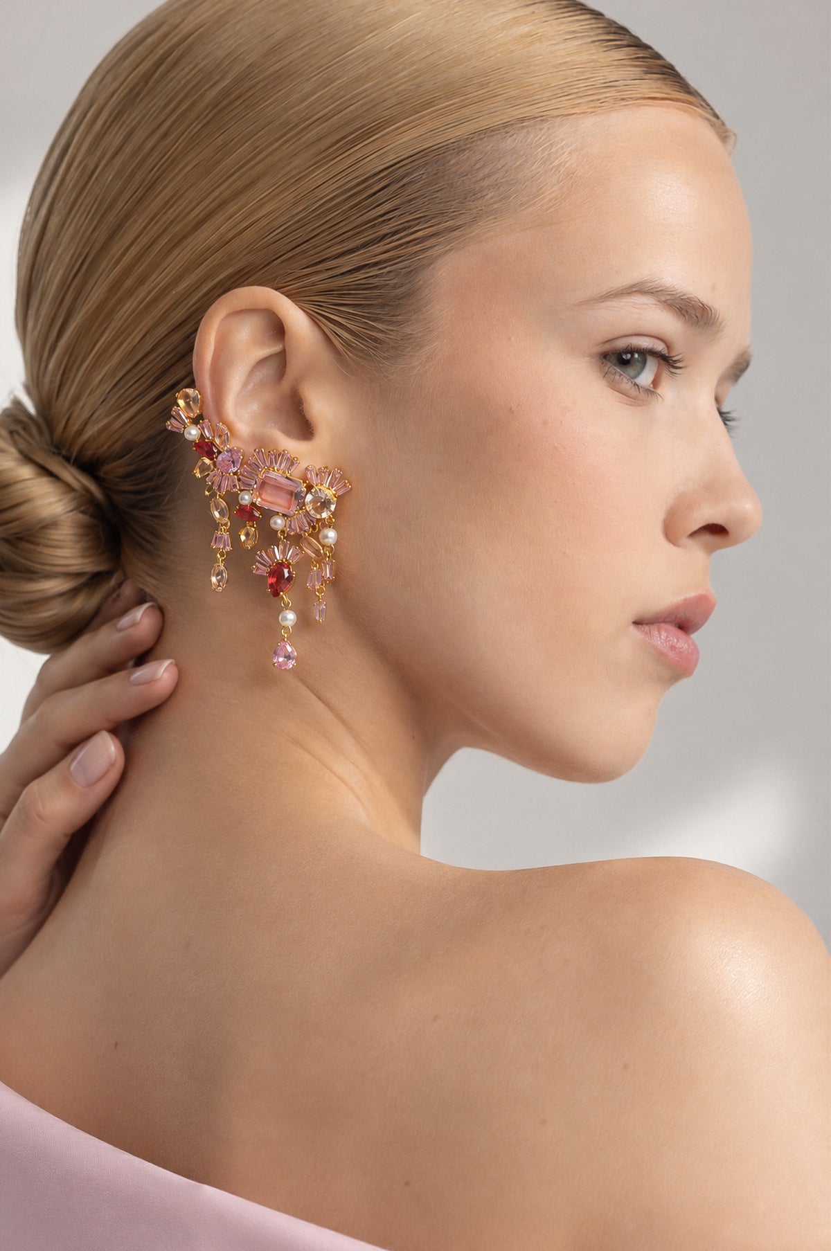 Pink Crystal Floral Cluster Drop Earrings - Gold