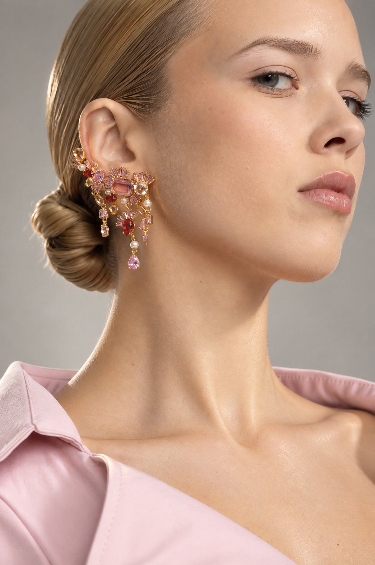 Pink Crystal Floral Cluster Drop Earrings - Gold