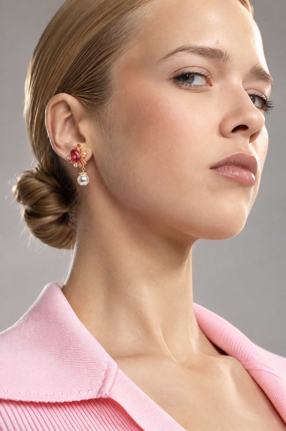 Red Crystal Pearl Drop Earrings - Gold