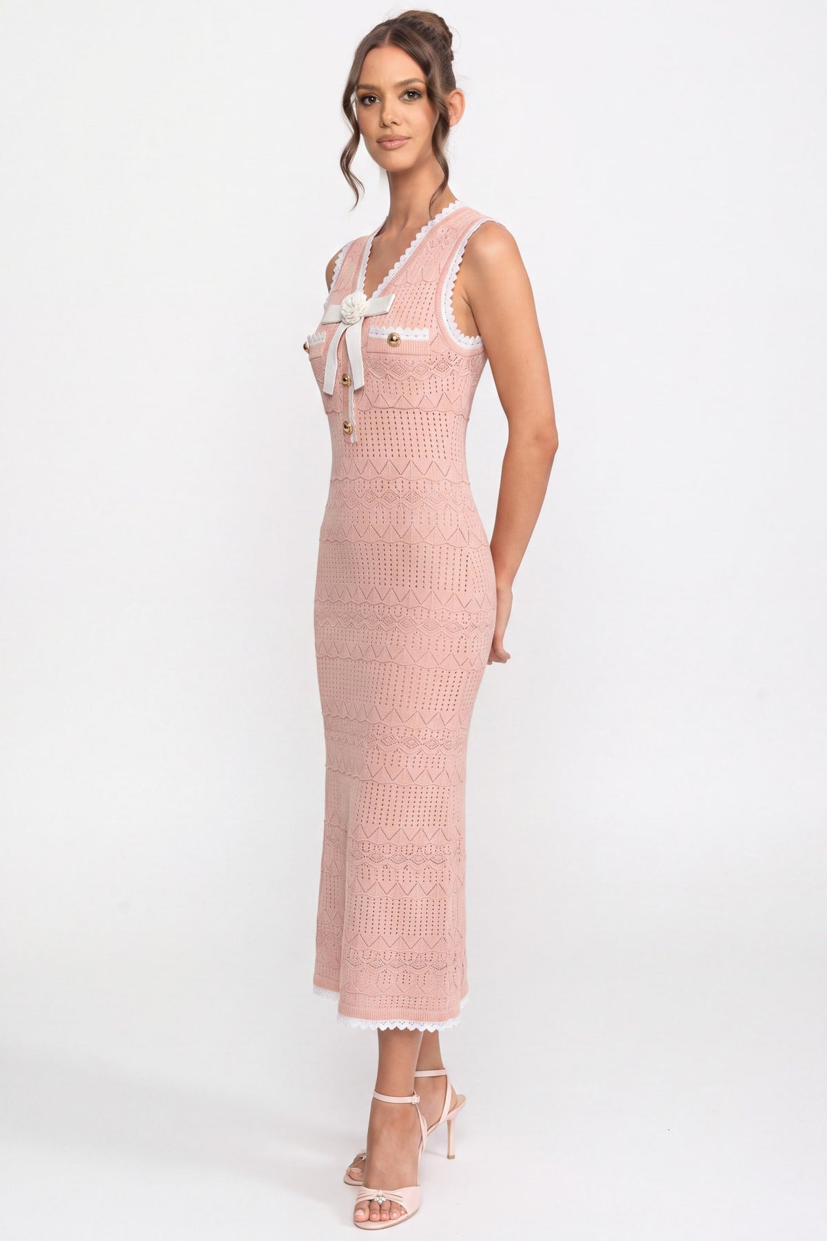 Crochet Knit Midi Dress With Black Trim And Bow - Pink