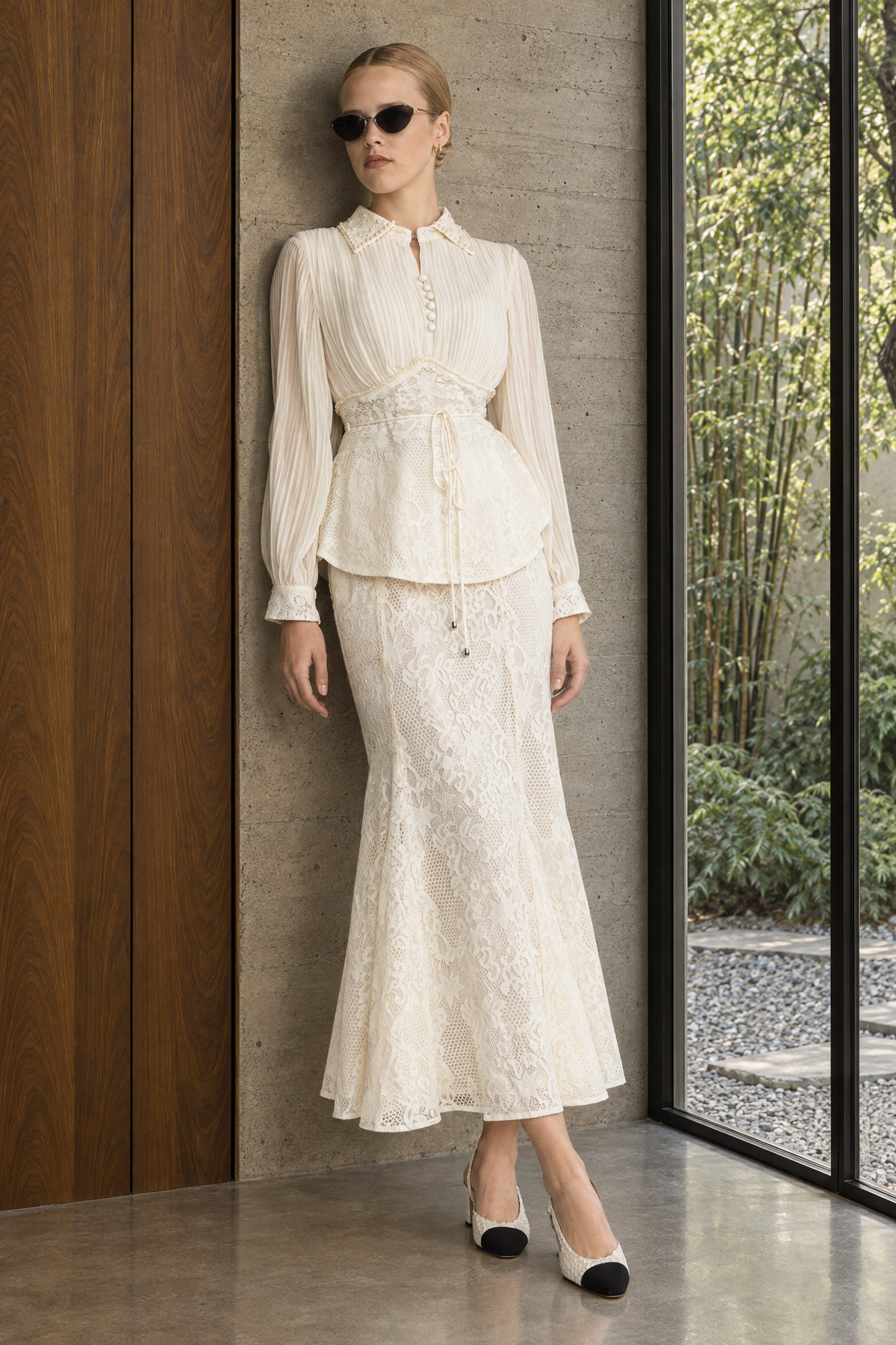 Pleated Chiffon Lace Peplum Blouse and Maxi Skirt Set - Ivoire