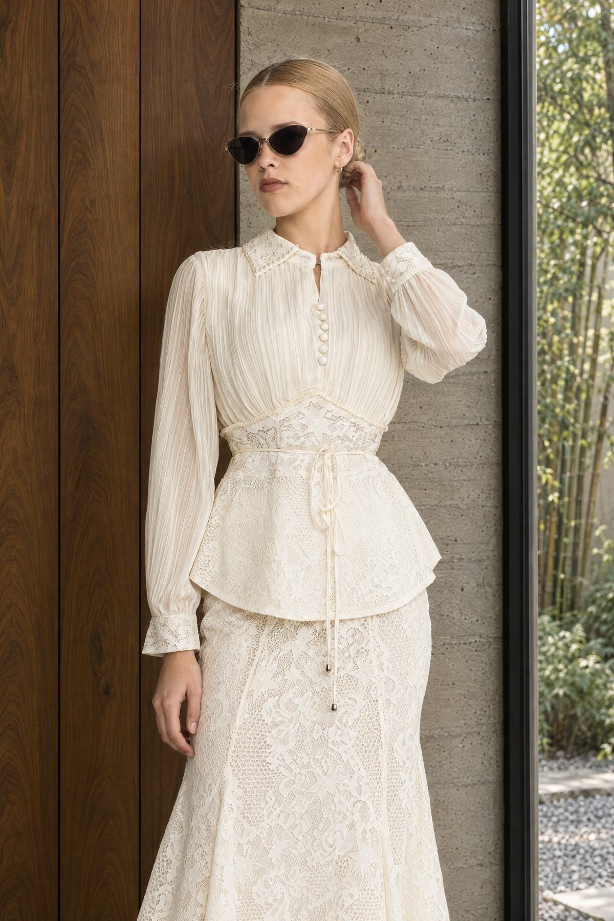 Pleated Chiffon Lace Peplum Blouse and Maxi Skirt Set - Ivoire