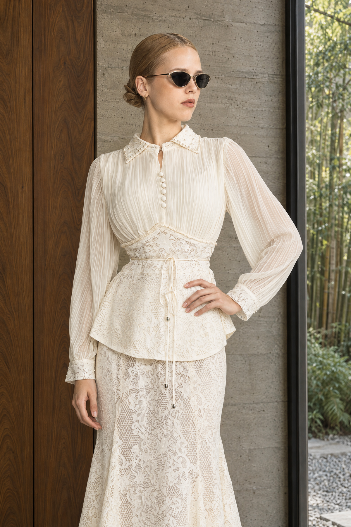 Pleated Chiffon Lace Peplum Blouse and Maxi Skirt Set - Ivoire