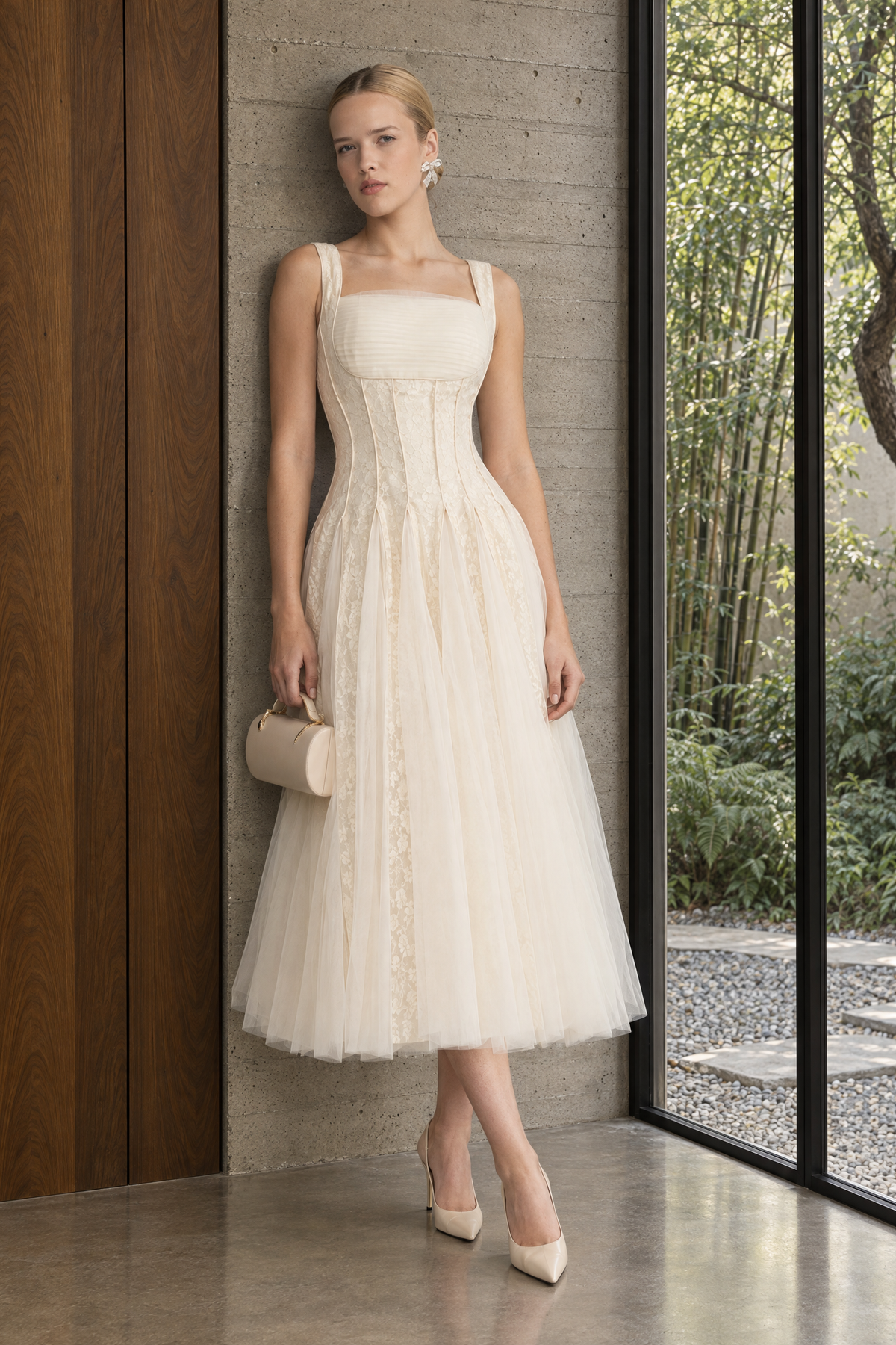 Lace Panel Corset Tulle Midi Dress - Ivoire