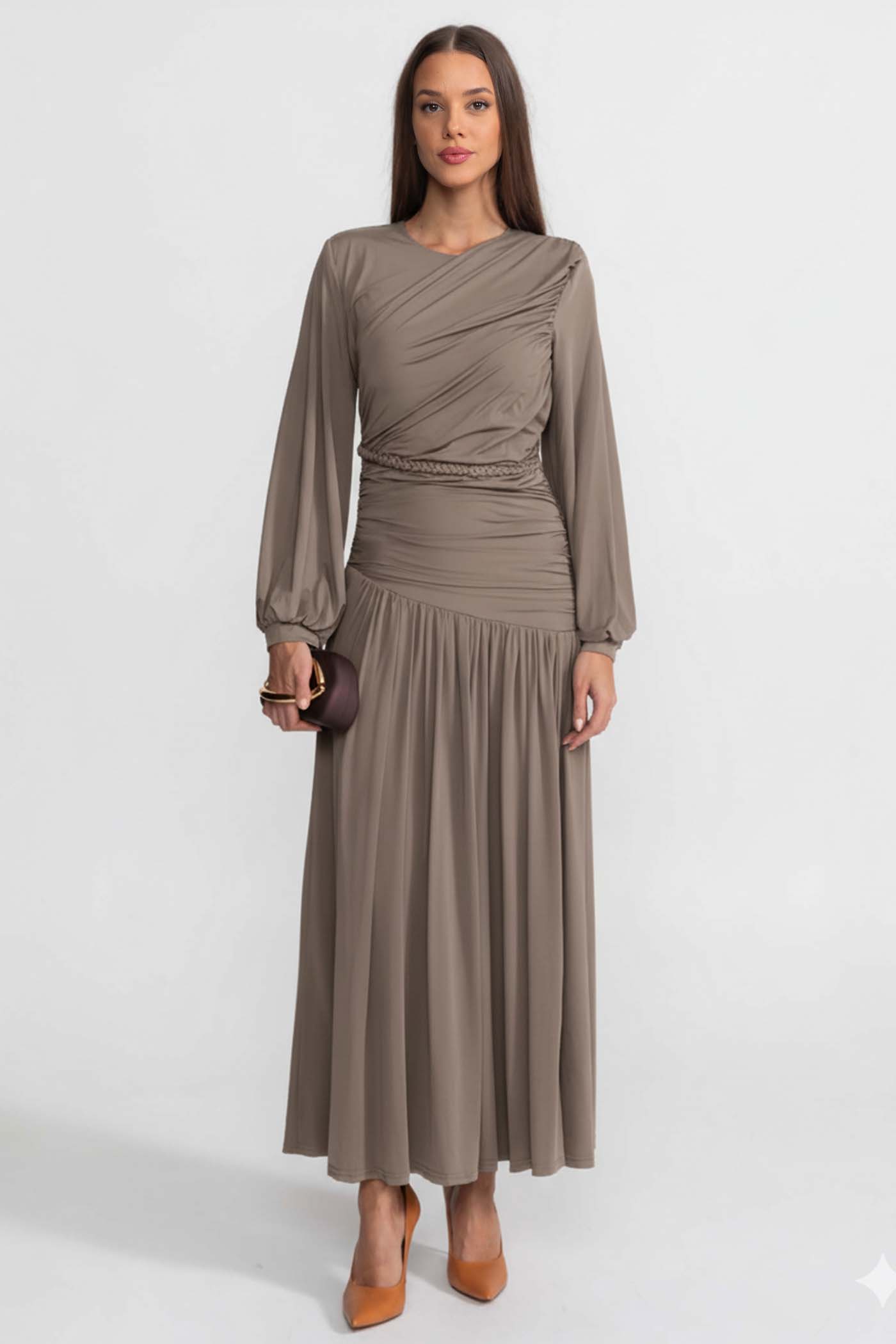 Draped Maxi Dress with Braided Waist Detail - Khaki