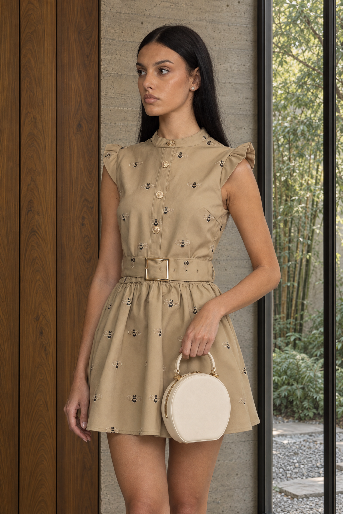 Bee Embroidered Belted Cotton Mini Dress - Khaki