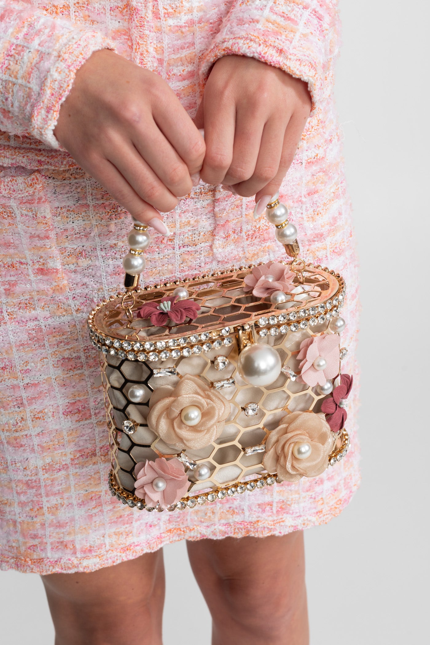 Embellished Floral Clutch With Pearl Handle – Gold