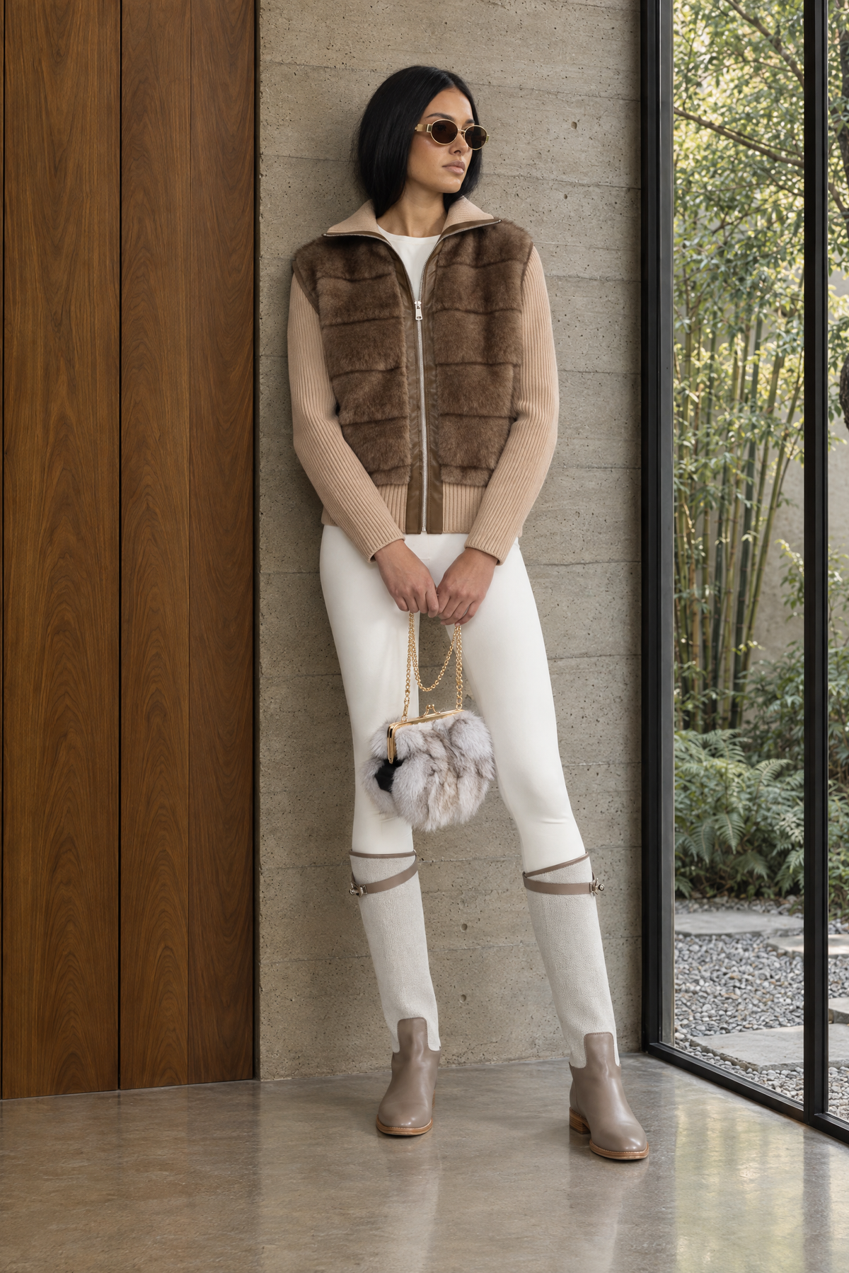 Plush Panel Knit Sleeve Zip Jacket - Mocha