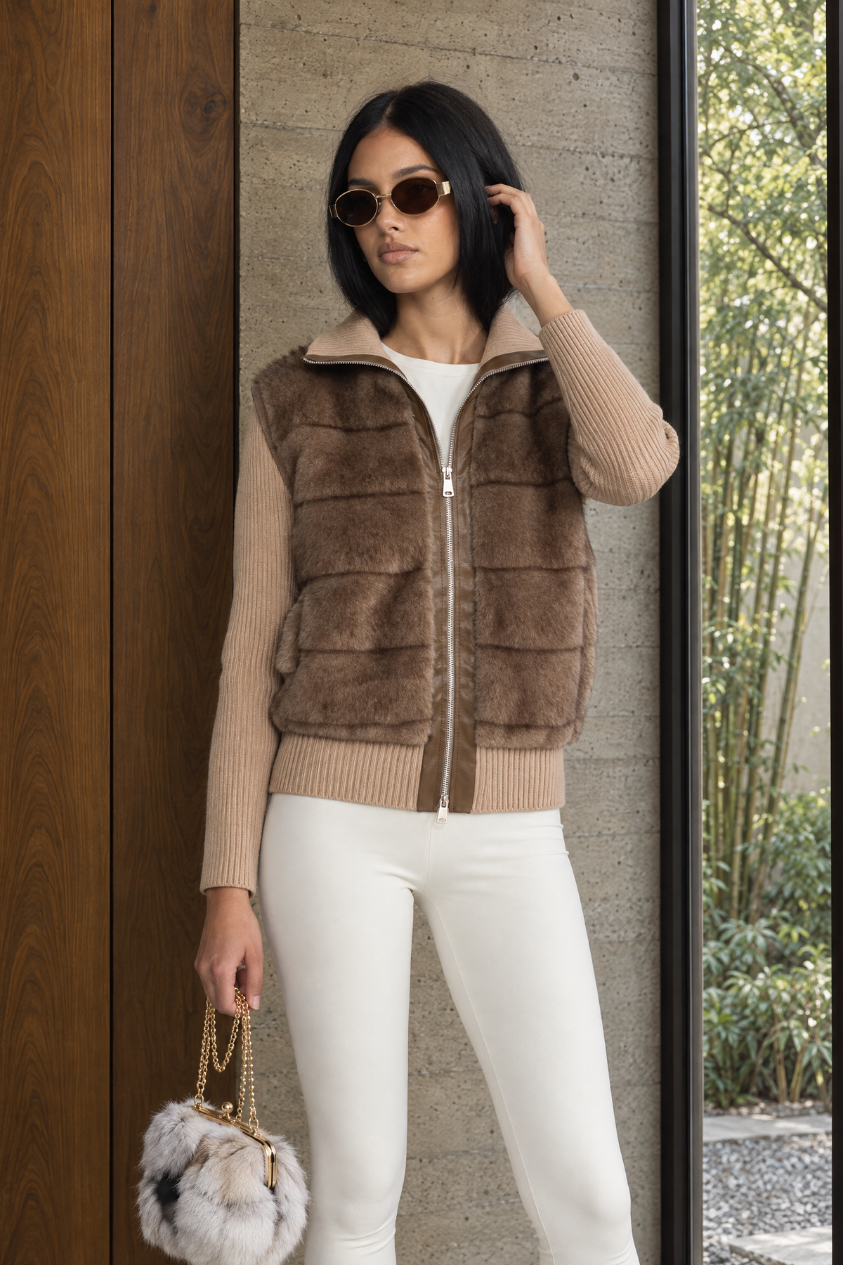 Plush Panel Knit Sleeve Zip Jacket - Mocha
