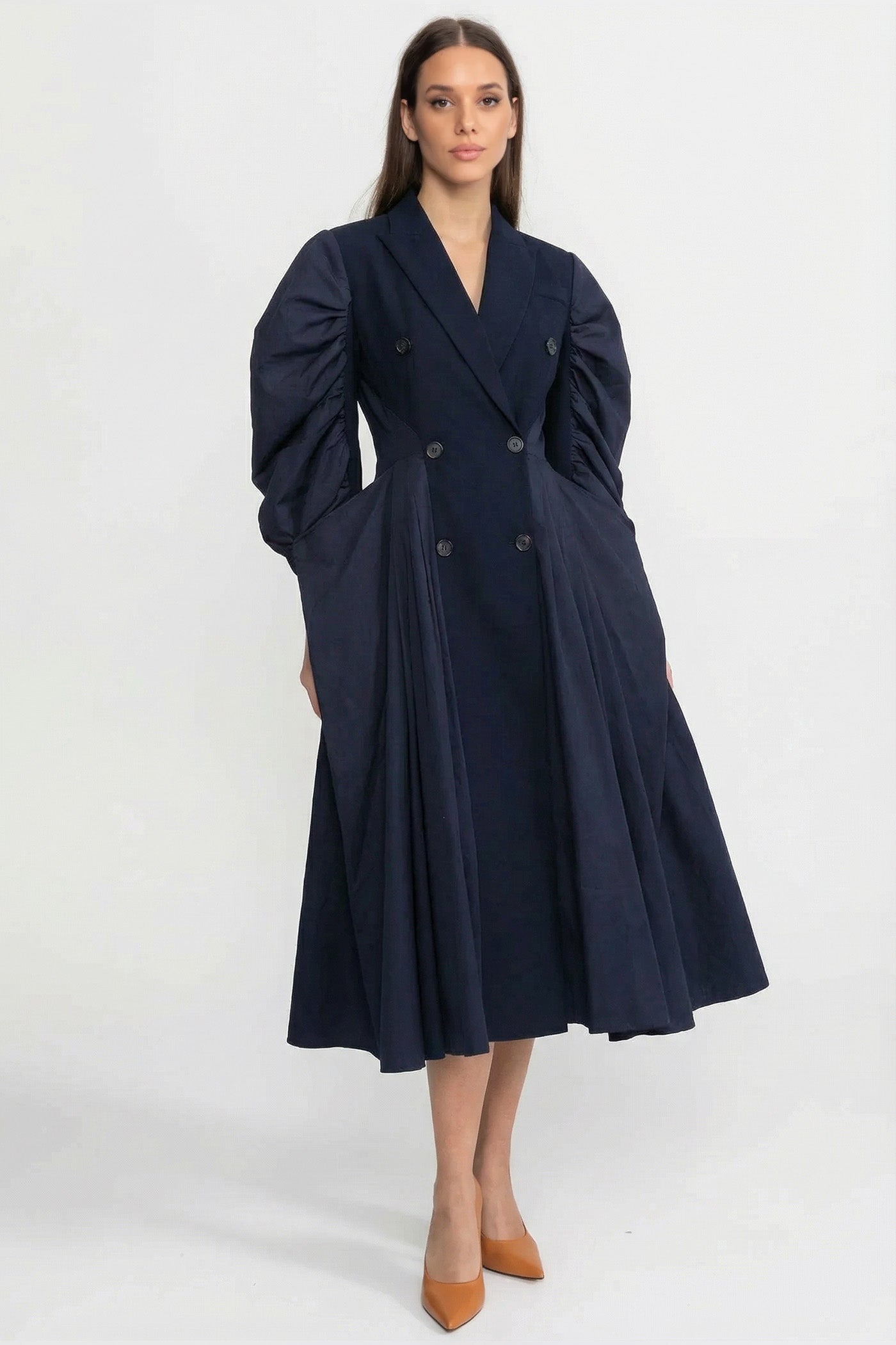 فستان ميدي مزدوج الصدر بأكمام مجمعة ذات حجم واسع - كحلي