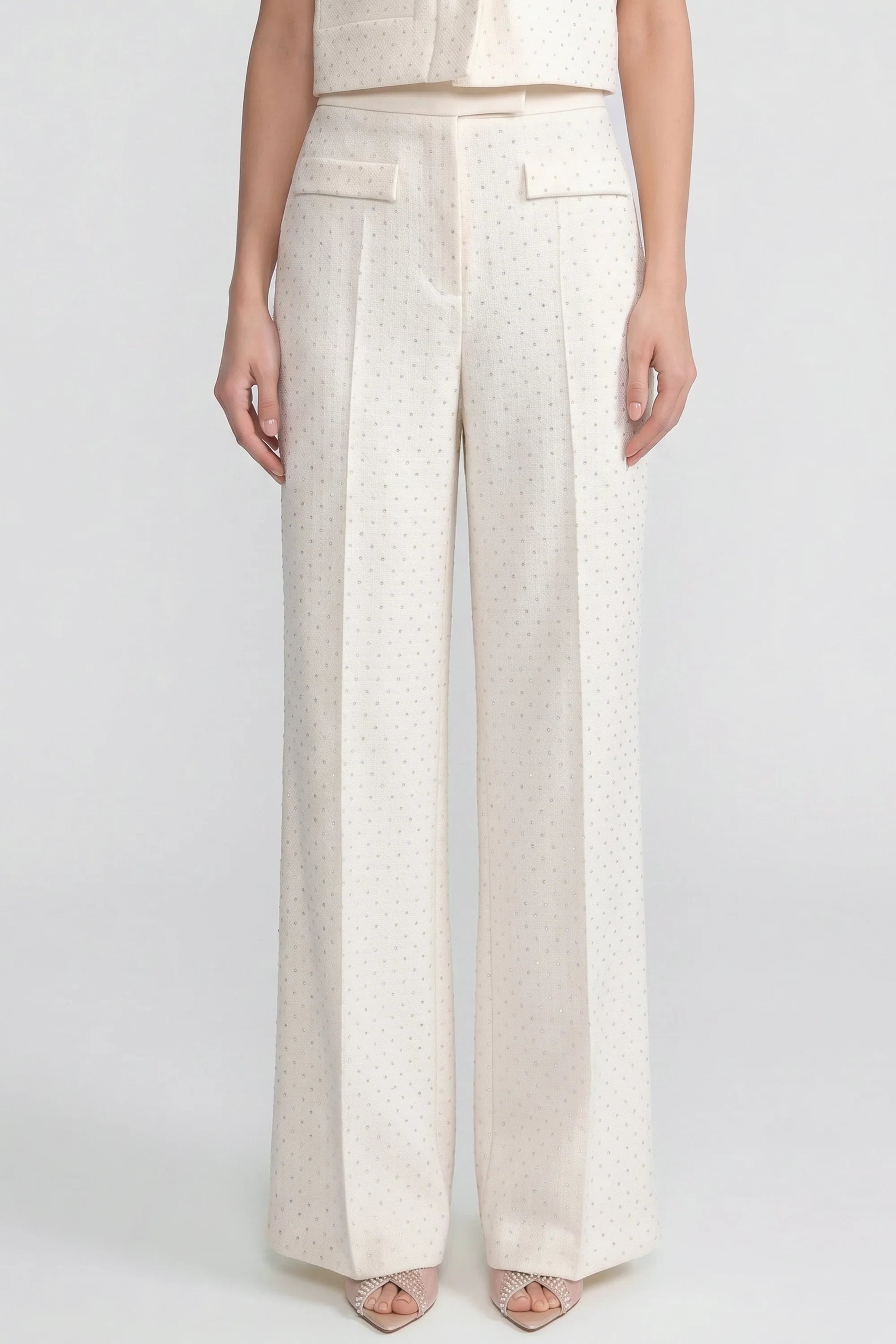 Wide-Leg Embellished Tweed Trousers With Patch Pockets - Ivoire