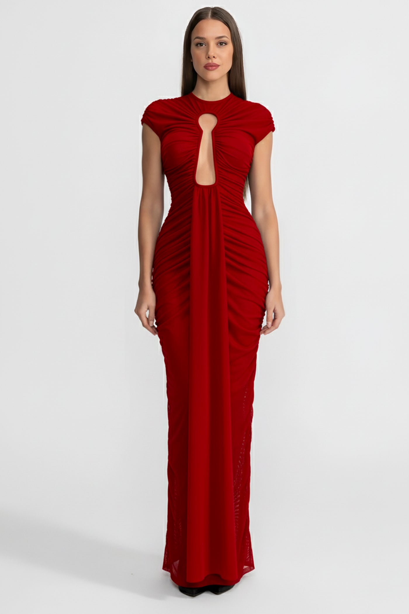 Draped Cut-Out Gown With Gathered Detailing – Red
