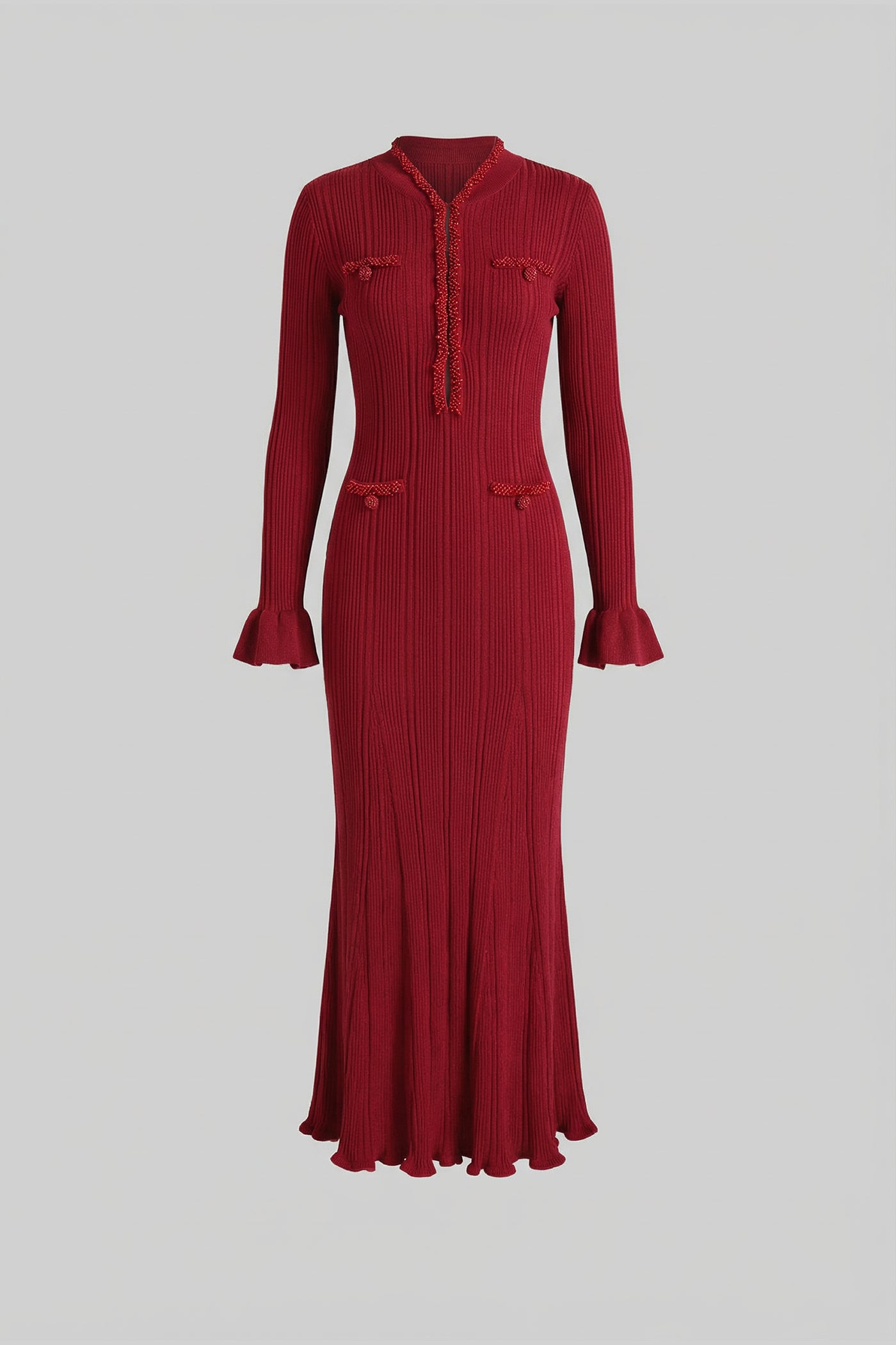 فستان ميدي بأكمام طويلة مضلع مع تفاصيل حافة مضفرة - بورغندي