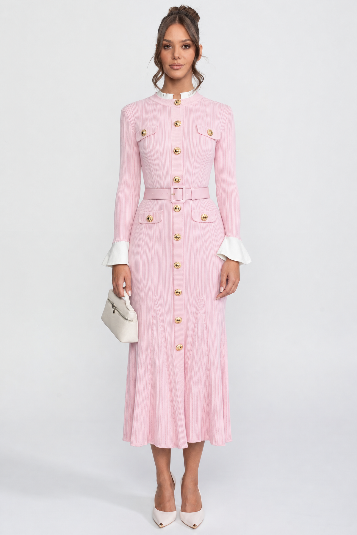 Ribbed Knit Belted Midi Dress With White Cuffs And Collar - Pink