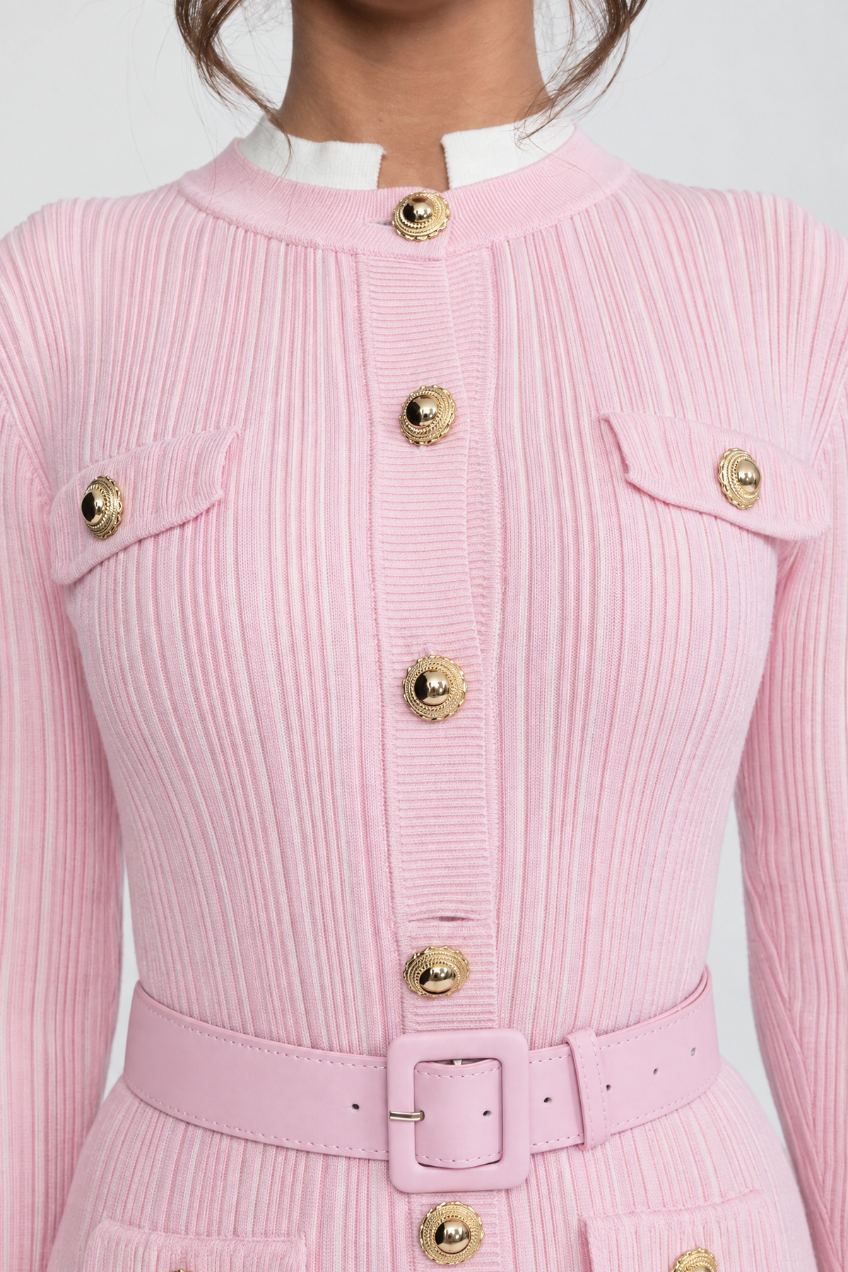Ribbed Knit Belted Midi Dress With White Cuffs And Collar - Pink